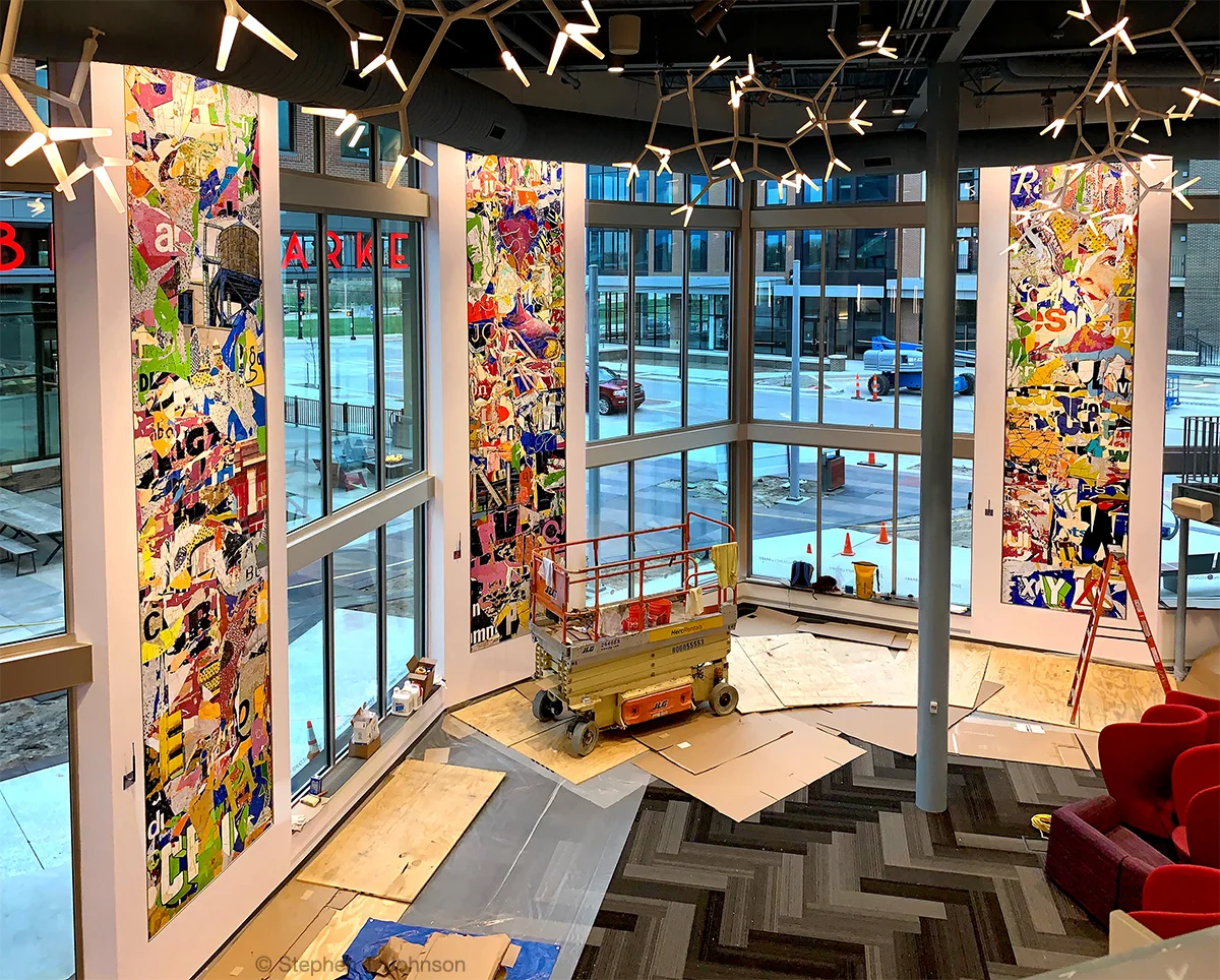 Interconnections Lenexa City Center Public Library , Glass mosaics: 5.5 x 23 feet each. Installed April of 2019. Fabrication: Mayer of Munich Concept Summary: Interconnections is a triptych of mosaics that celebrates the twenty-six letters of the English alphabet through a profusion of typographic fonts, both uppercase and lowercase, intermixed with images from my books — Alphabet City , Alphabet School , and A i s for Art: An Abstract Alphabet.