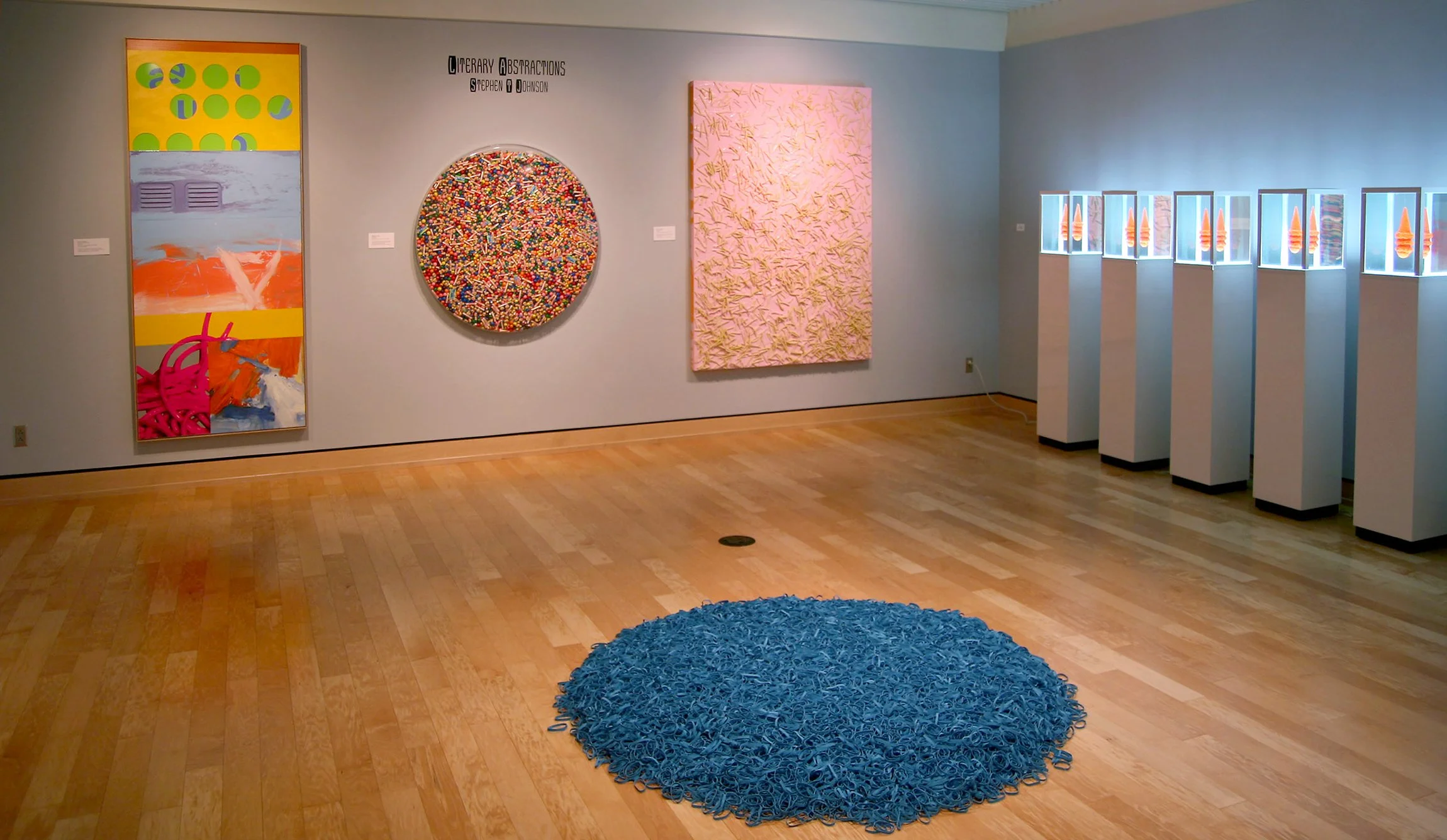   Language, Content and the Alphabet: Collages, Paintings and Sculpture by Stephen T. Johnson , Mulvane Art Museum, Washburn University, Topeka, Kansas, 2008. Installation view. 