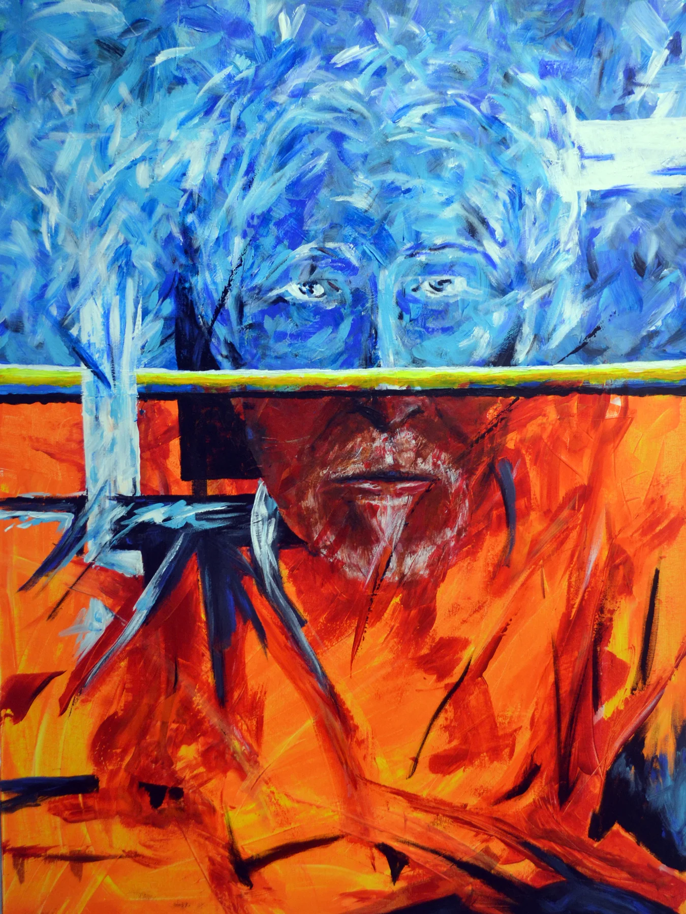 SOLO YO 1-DEVINE MADNESS Self Portrait in Acrylic on Canvas. 36” w x 48” h