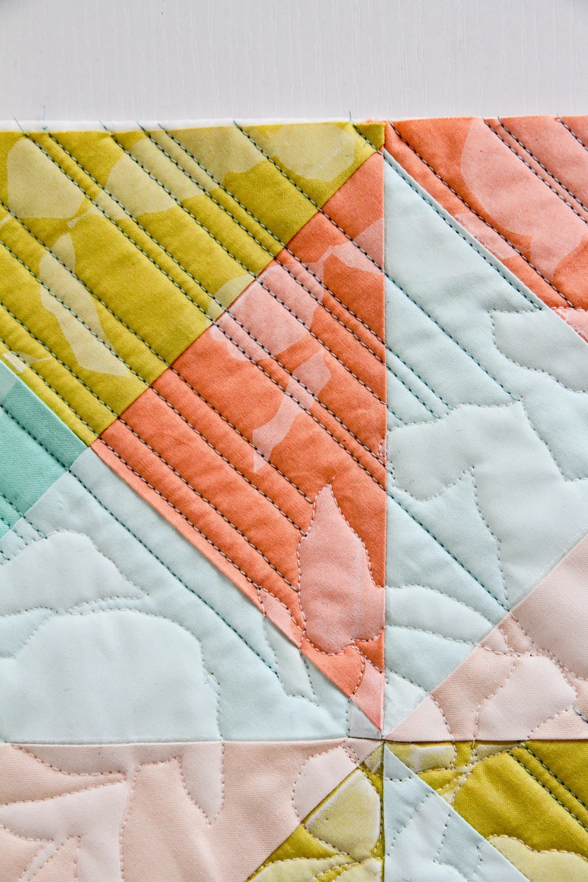 printed and quilted summery LentenTwelve modern quilt close-up | LovelyandEnough