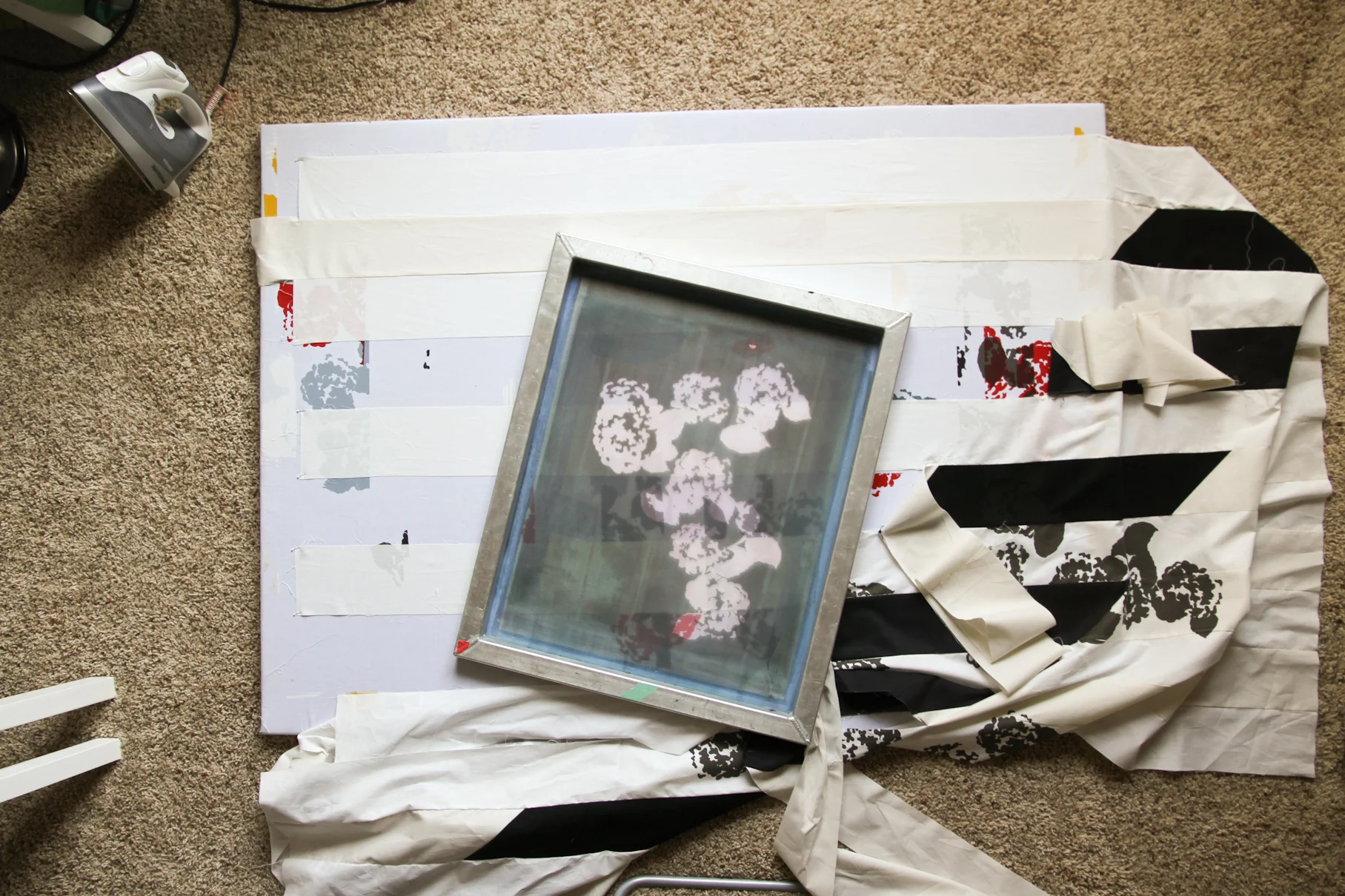 modern black and white quilt being screen printed with hydrangea blooms | by Kelsey Williams of Lovely and Enough