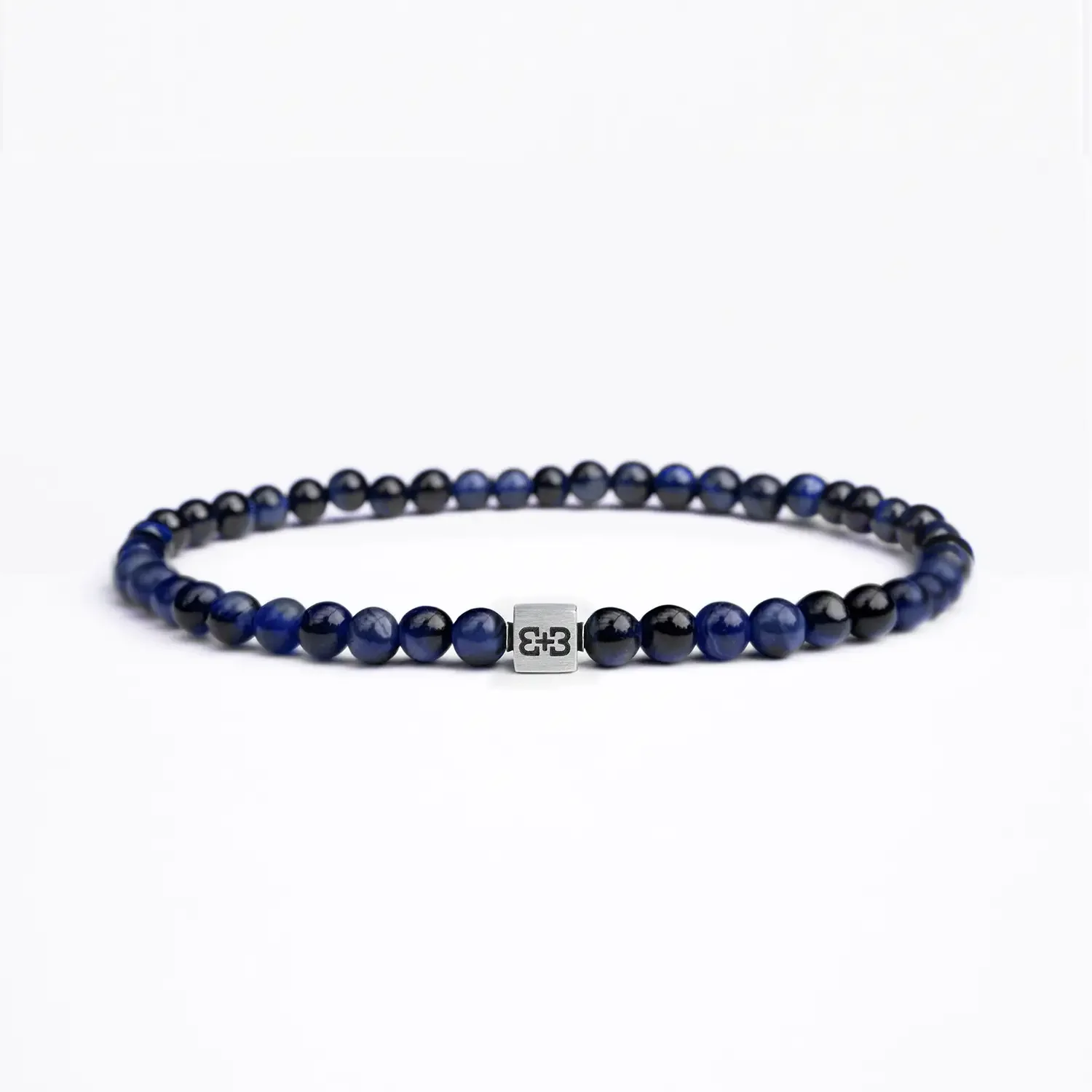 Blue Tigers Eye 4mm 925 Brushed Sterling Silver Symbol Bracelet
