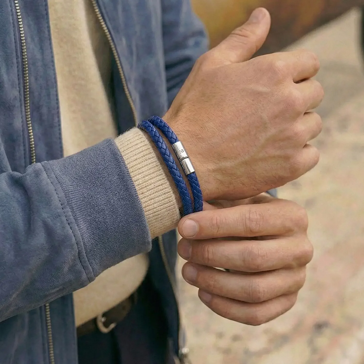 Cobolt Blue Woven Leather Bracelet On Wrist 02.webp