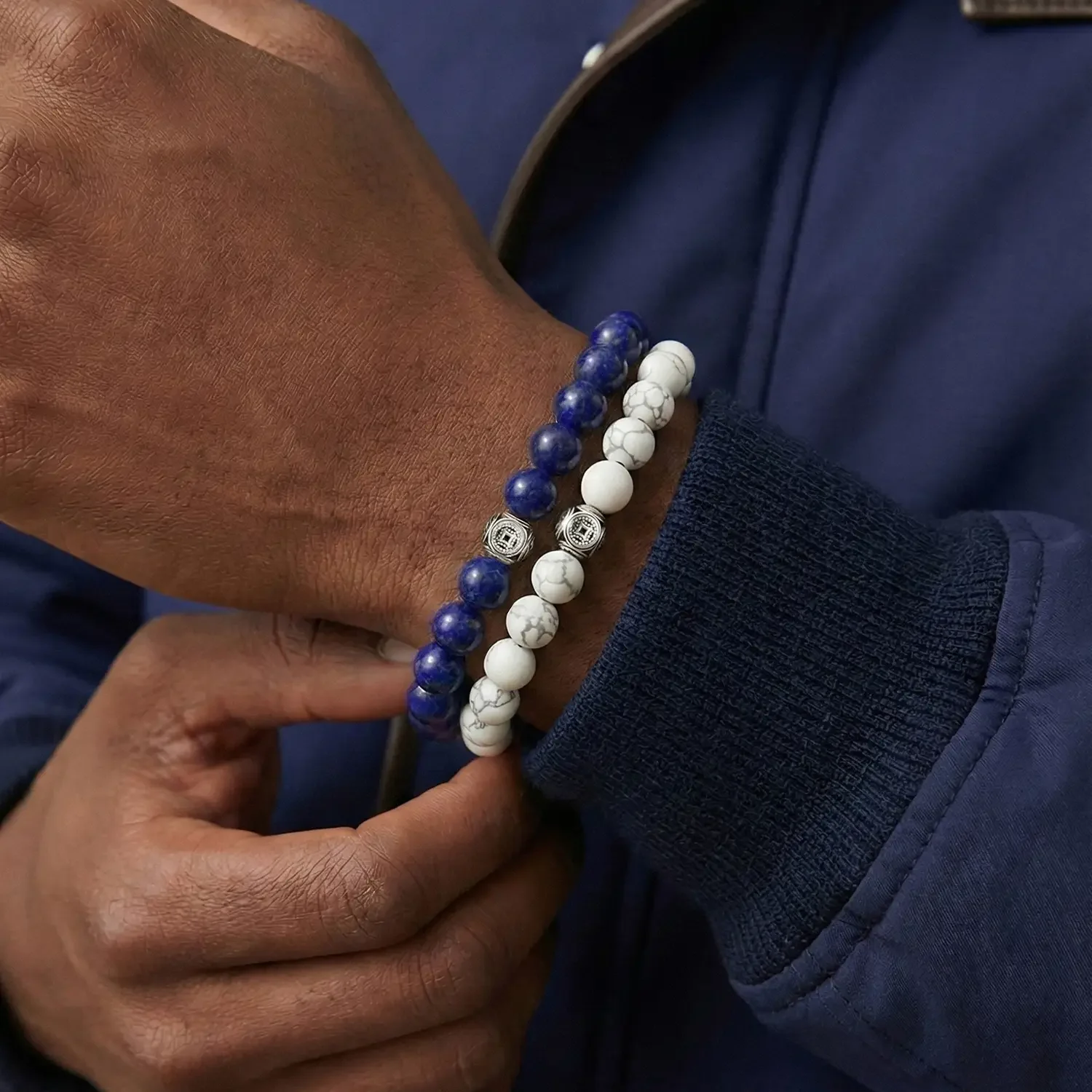 Deep Blue Snow 8mm Silver Bracelet On Wrist.webp