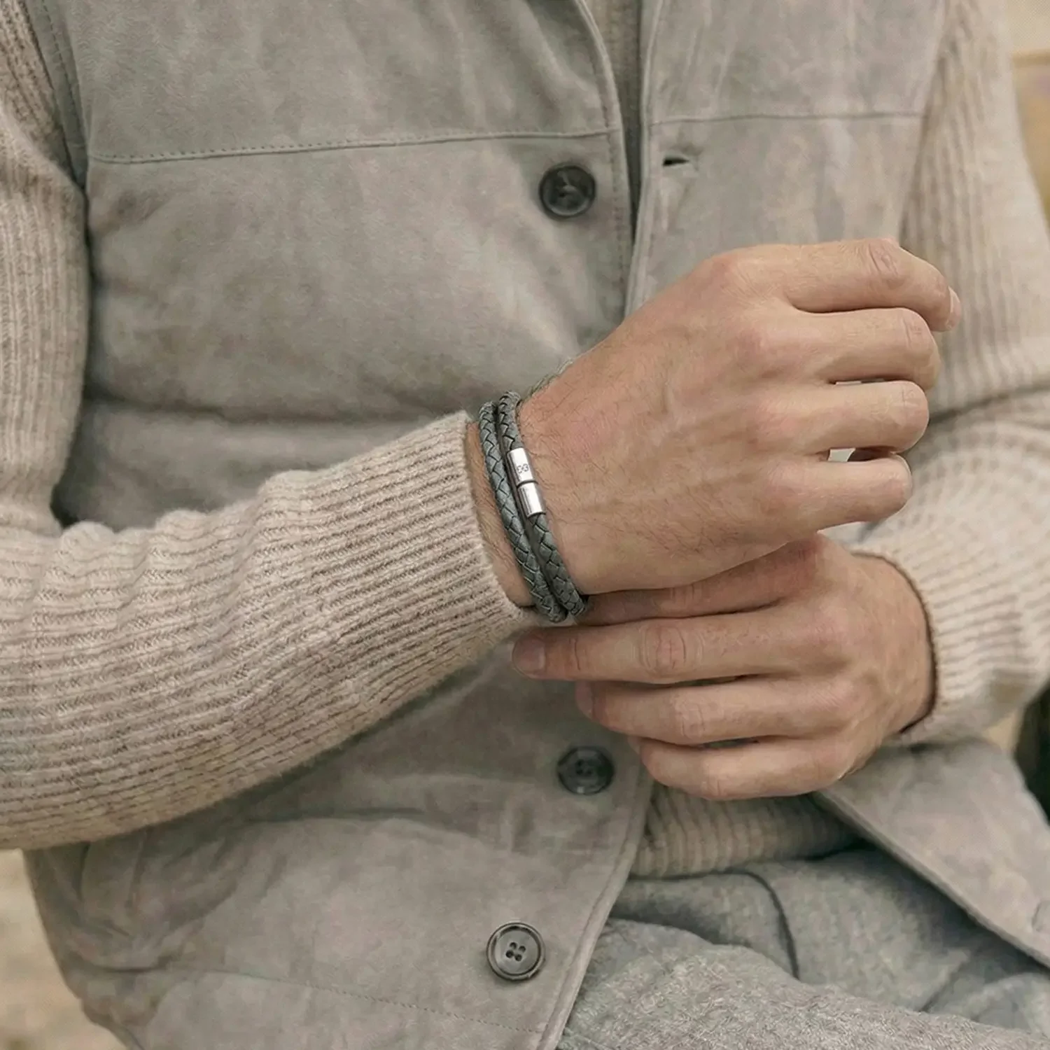 Grey Woven Leather Bracelet On Wrist 01.webp