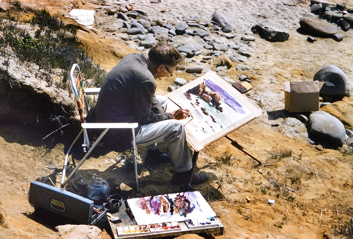 J. Theo Johnson painting in watercolors en plein air in California, c. 1958.