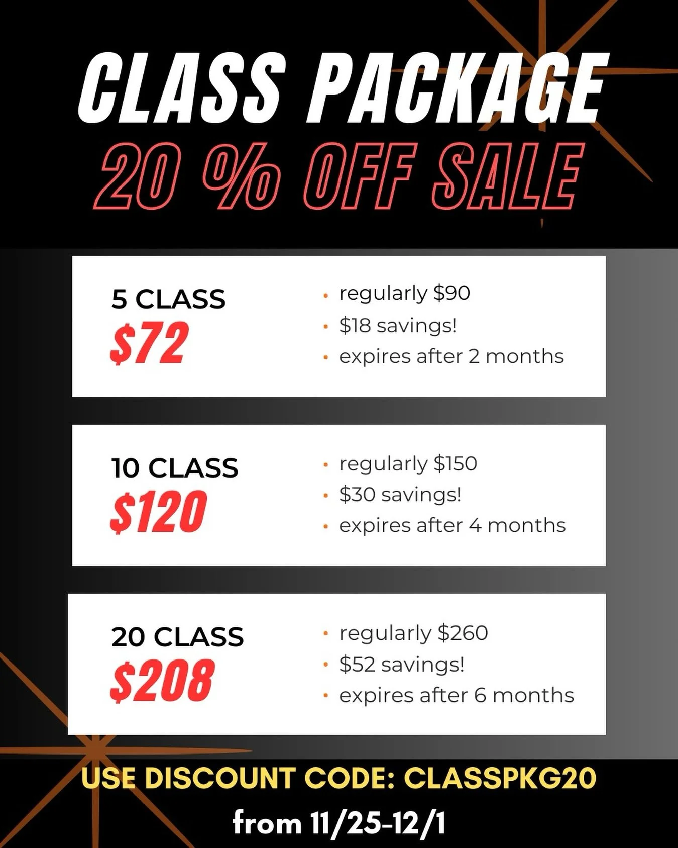 Surprise &mdash; we couldn&rsquo;t wait! 🎉

Our big savings event starts TODAY (November 25th) &mdash; a full 2 days early! But don&rsquo;t blink&hellip; this deal disappears at 11:59pm on Monday, December 1st.

Treat yourself to a class package or 