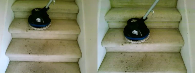 Stair carpet before CitruSolution cleaning showing heavy traffic wear and soil buildup