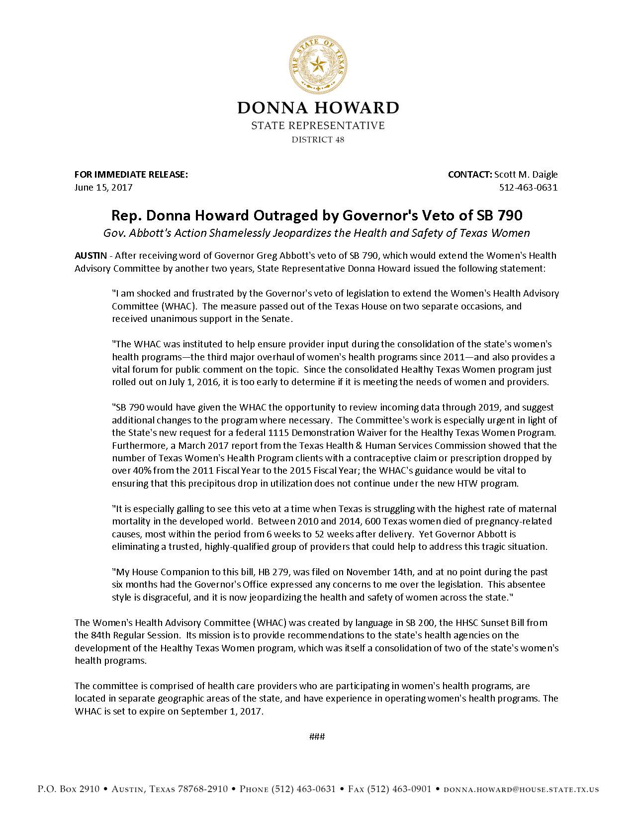 Rep. Donna Howard_Statement on Governor's Veto of SB 790_06.15.2017.jpg