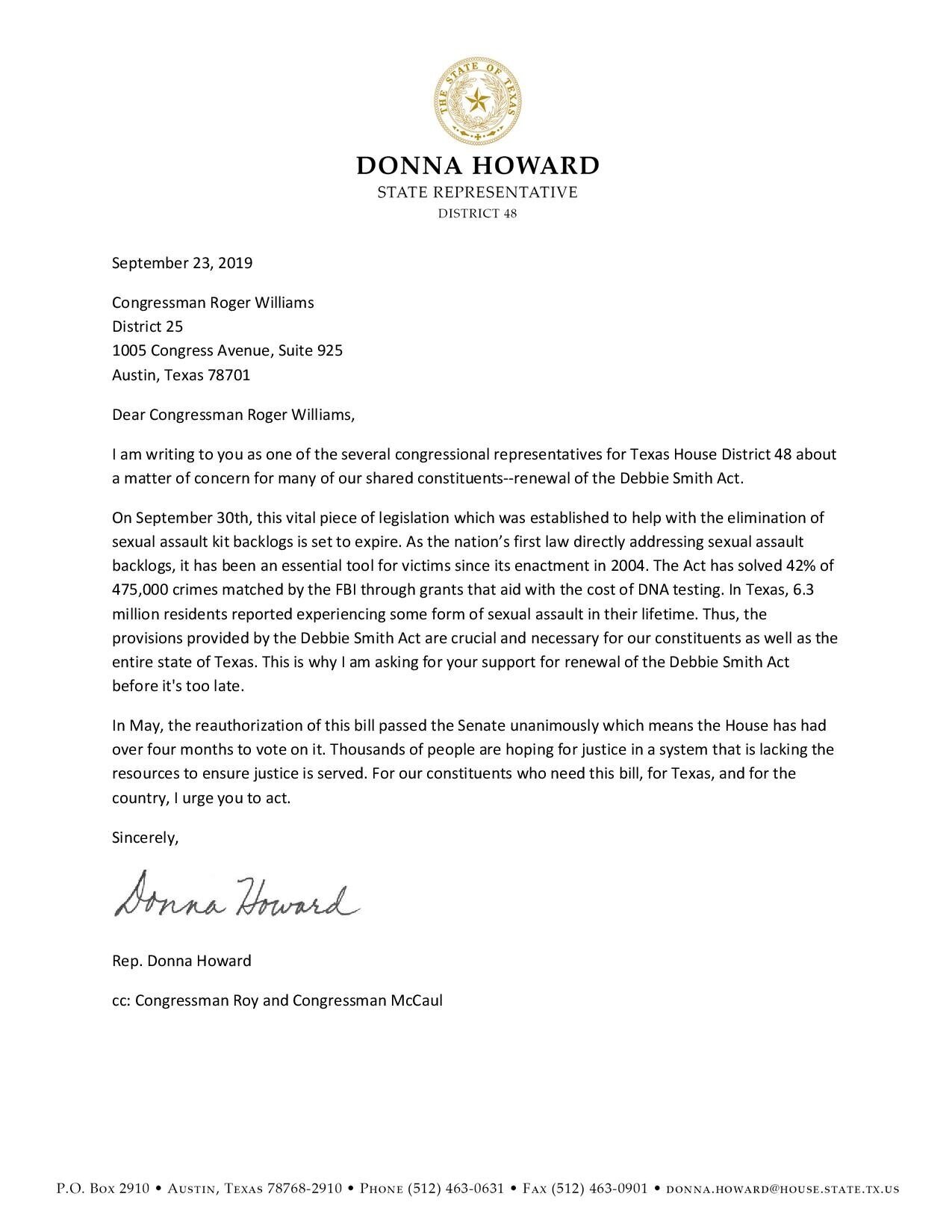 Rep. Howard letter to Congressional — Team Howard TX