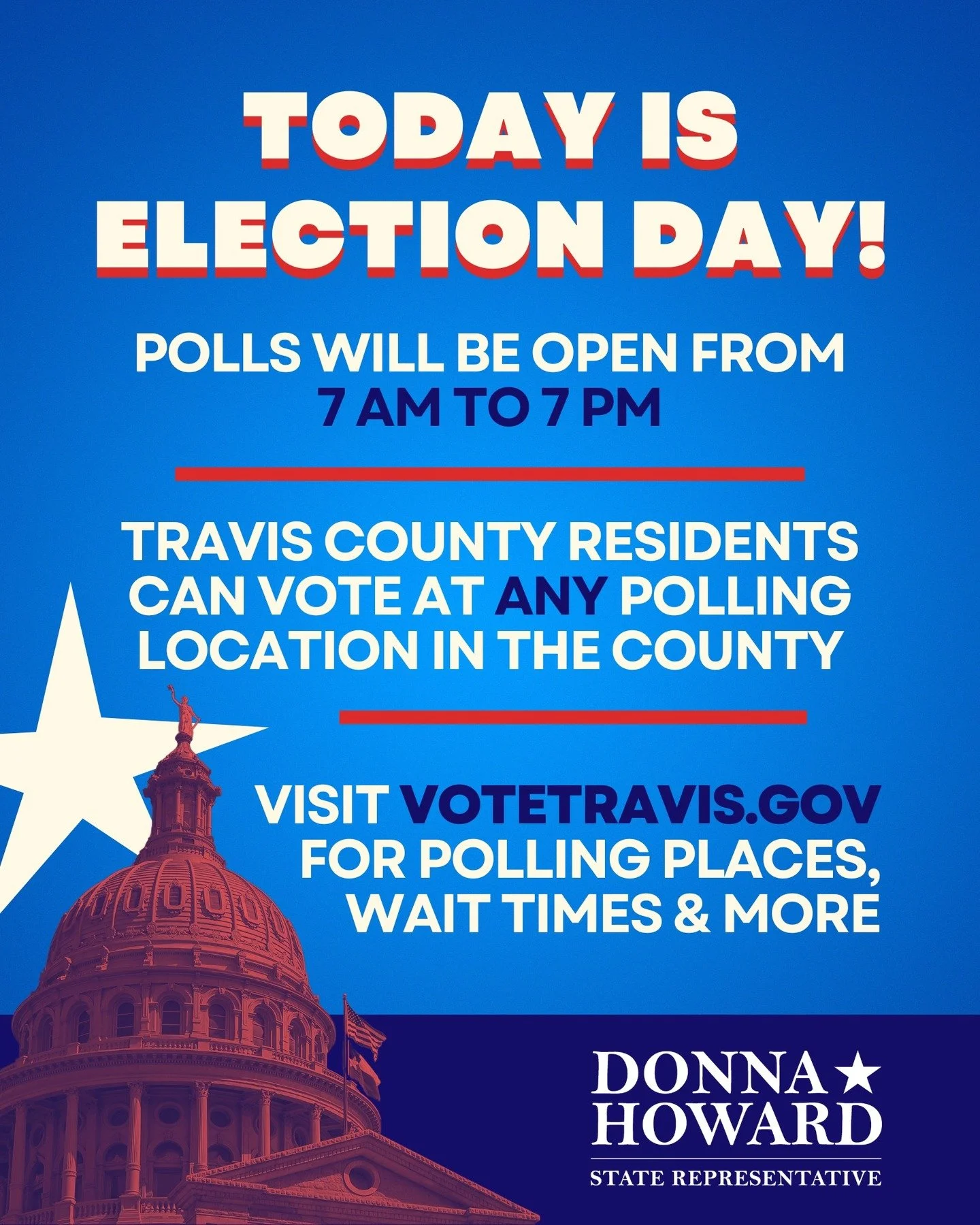 Election Day is today! If you live in Travis County, you can vote at ANY polling place in the county. Polls will be open until 7 PM.

Visit votetravis.gov to find the nearest polling place, estimated wait times &amp; more. -TH