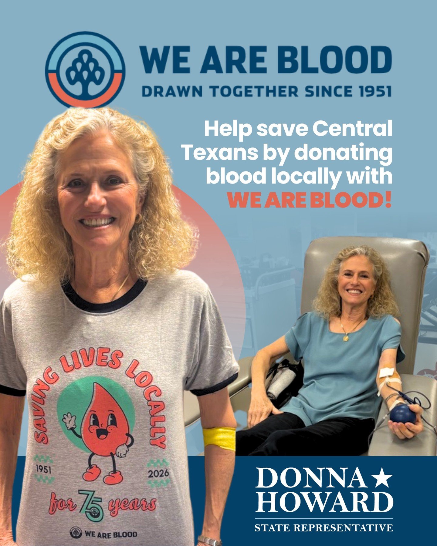 Rep. Howard chooses to donate with @wearebloodtx, not just because they share the same birth year, but because the impact is local and saves Central Texans&rsquo; lives.

Schedule an appointment to donate here: https://weareblood.org -TH