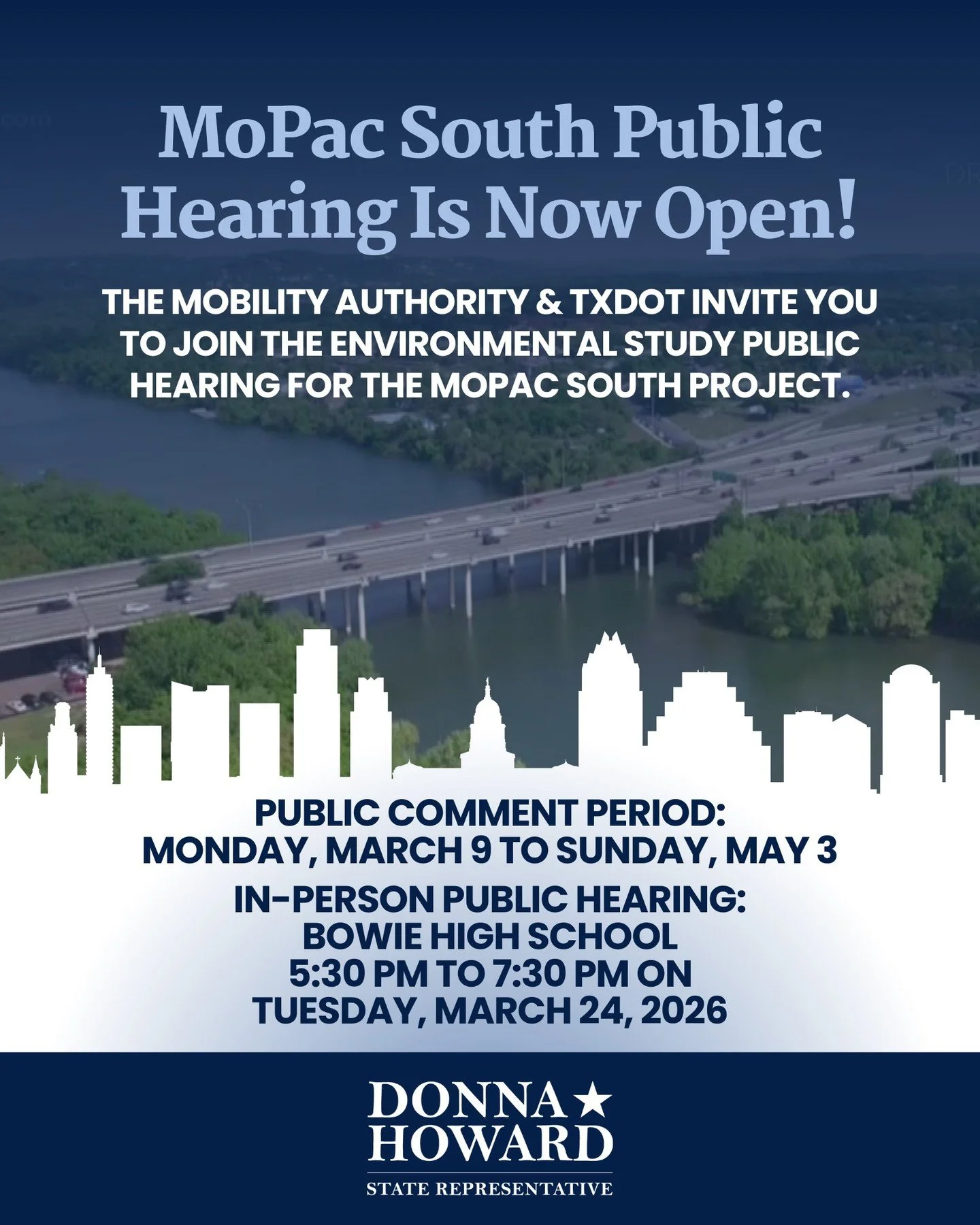 The MoPac corridor between Cesar Chavez Street and Slaughter Lane is a critical link in our region. As we begin to address growing congestion, you are invited to provide comments on the MoPac South environmental assessment starting today.
Learn how t