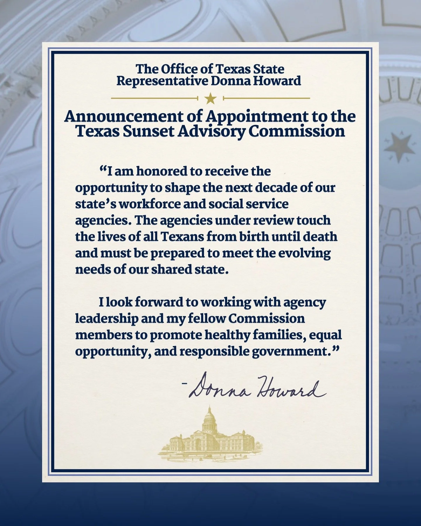 Thank you, Speaker @rep_dustin_burrows, for the opportunity to serve on the Sunset Commission. I look forward to working with Chair @lois.kolkhorst, Vice Chair laceyhullfortexas, &amp; the other members of the Commission as we review 16 state agencie
