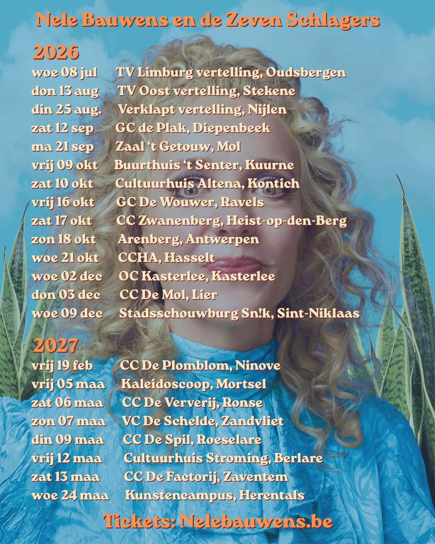 Yeuh!
Volgend seizoen ga ik terug op toer met
&lsquo;Nele Bauwens en de Zeven Schlagers&rsquo; 💙

Ik neem je mee naar het caf&eacute; van mijn tante Jos&eacute; uit mijn kindertijd&mdash;
waar het altijd een beetje te luid was, een beetje te warm,
e