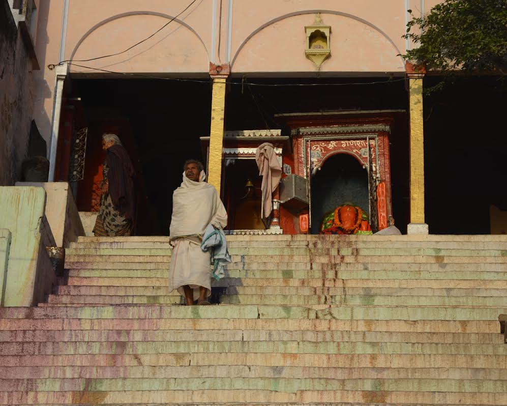 Stairs stained with color after Holi.
