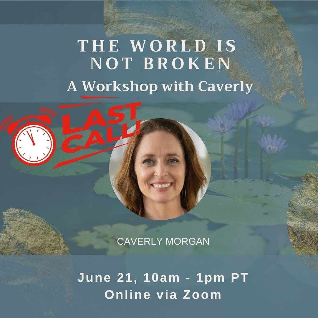 🌀The World Is Not Broken &mdash; A Workshop with Caverly Morgan

🗓️June 21 | 10am&ndash;1pm PT
📍Online via Zoom &mdash; Regular Practice Gathering

Longer than a weekly meditation.
Short enough to avoid Zoom fatigue.
Long enough to dive deep.
Shor
