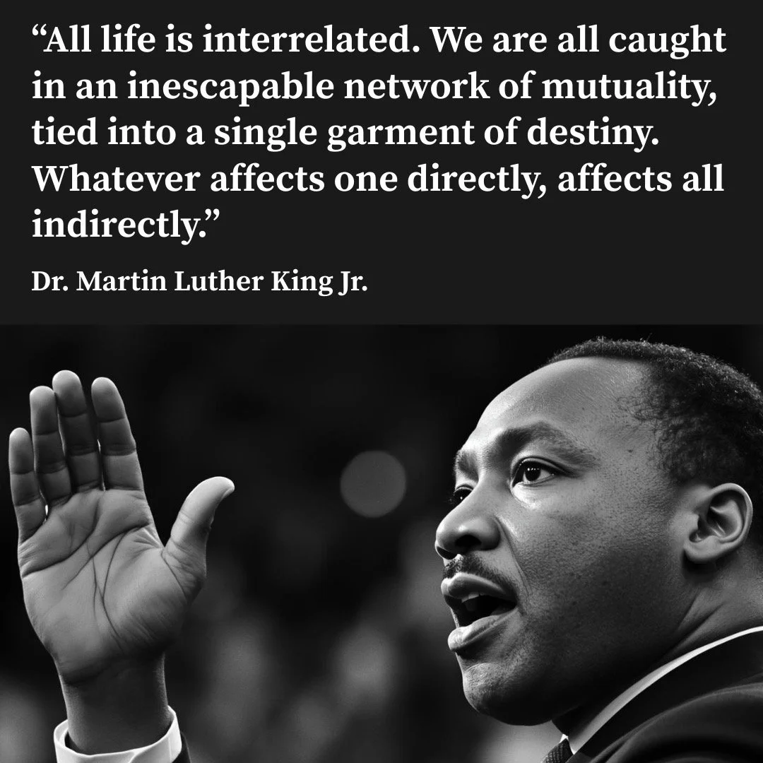 "All life is interrelated. We are all caught in an inescapable network of mutuality, tied into a single garment of destiny. Whatever affects one directly, affects all indirectly." - Dr. Martin Luther King Jr.

Dr. King was pointing to the f