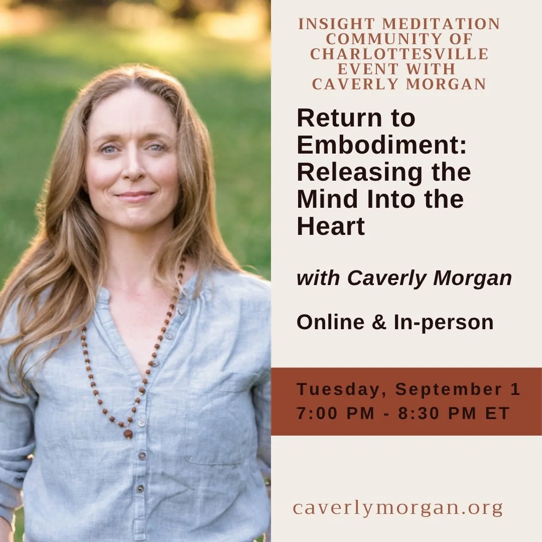 Return to Embodiment: Releasing the Mind Into the Heart

Tuesday, September 1 | 7:00&ndash;8:30 PM Online or in-person

With Insight Meditation Community of Charlottesville

Harm requires disembodiment. When we're identified with the conditioned mind