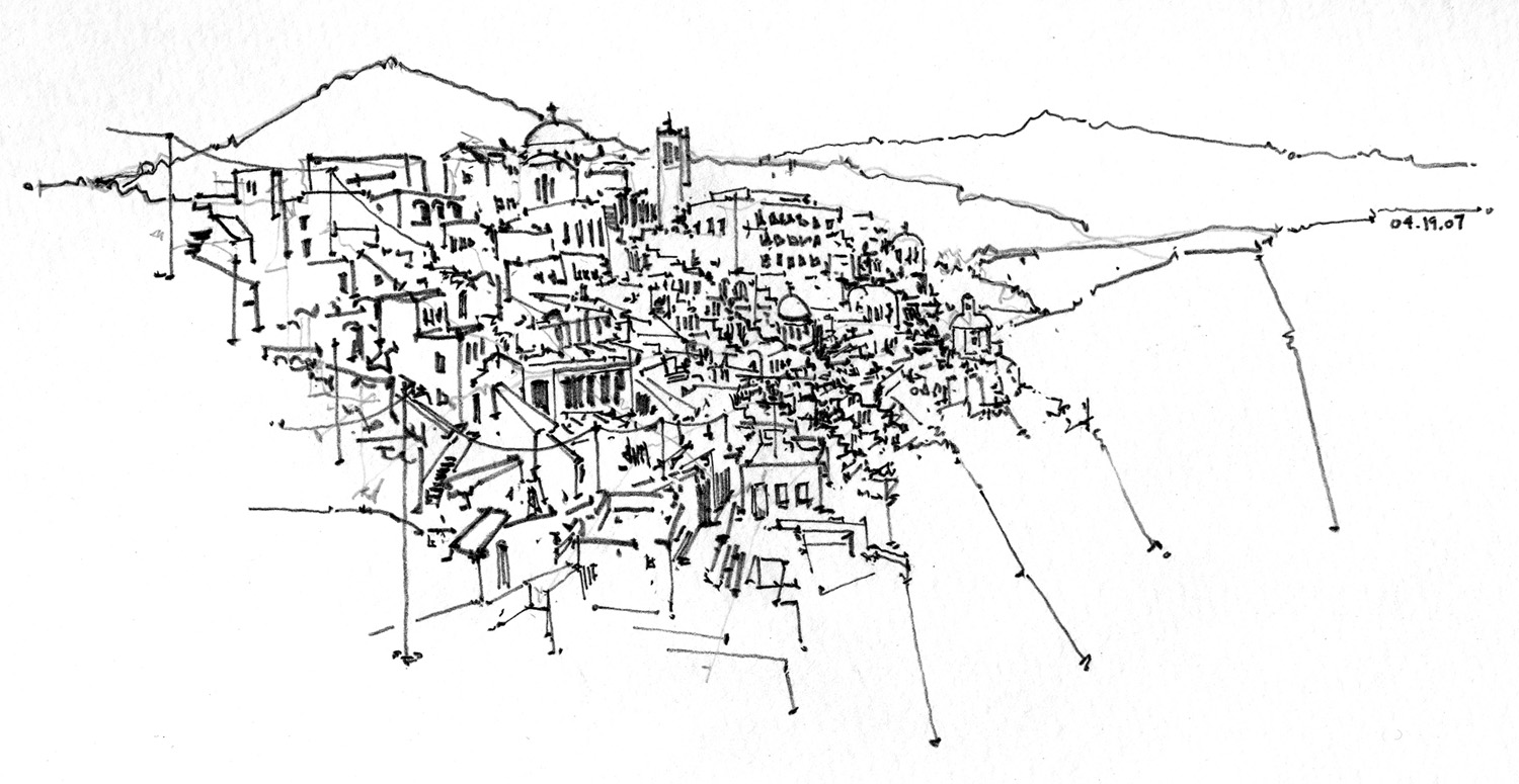 Caldera city sketch in Santorini, Greece