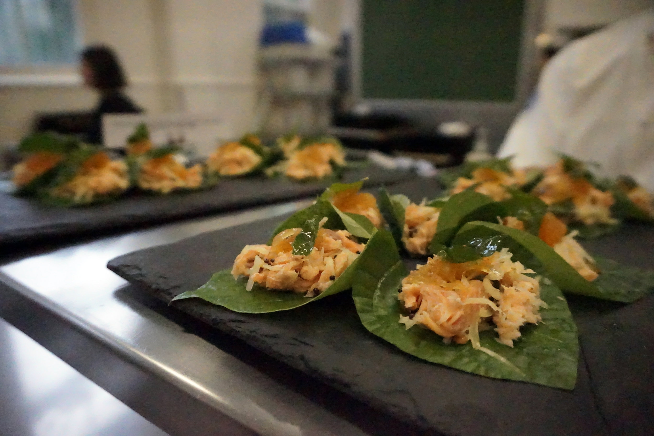 Smoked Salmon Betel Leaf with Papaya, Tomato Tadka and Crispy Curry Leaf - Chef Adam D'Sylva (Tonka, Coda)