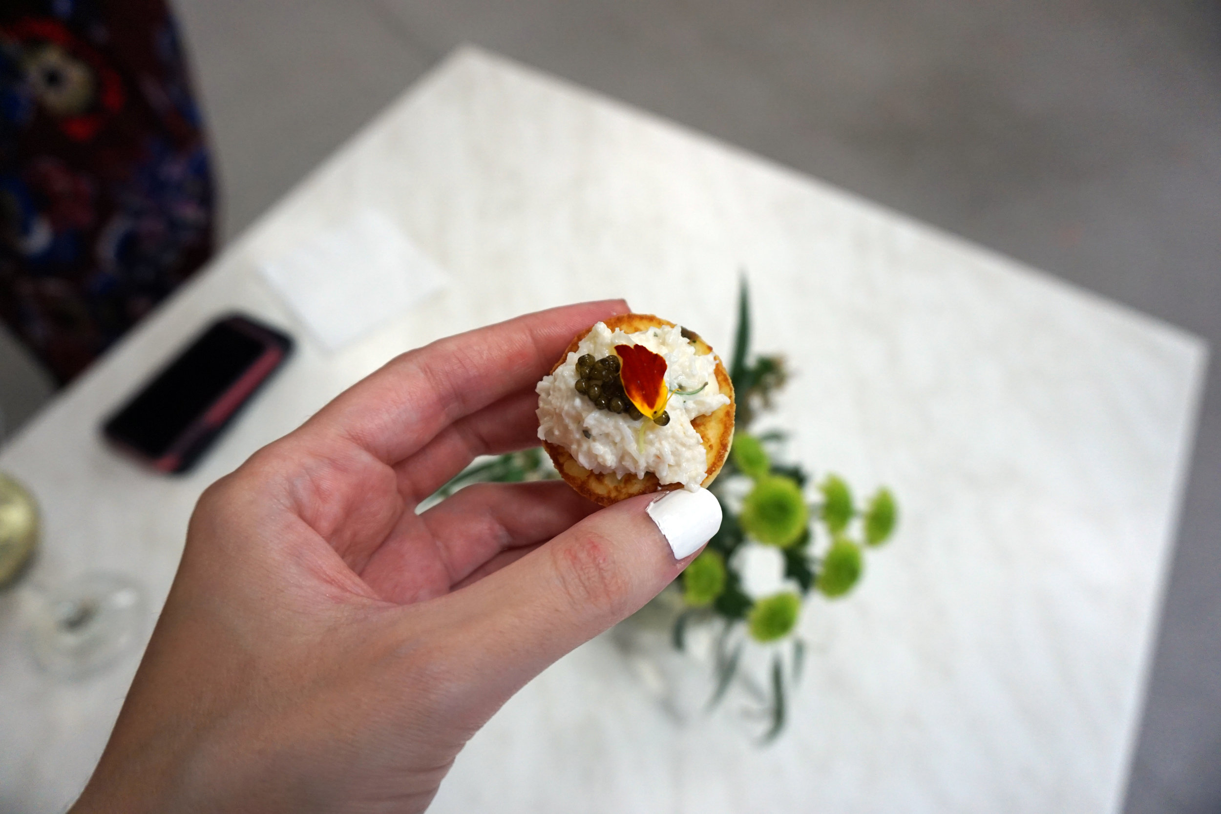 Potato and Chive Pikelet with Spanner Crab, Lemon Aioli and Caviar - Chef Emma D'Alessandro (Donovans)