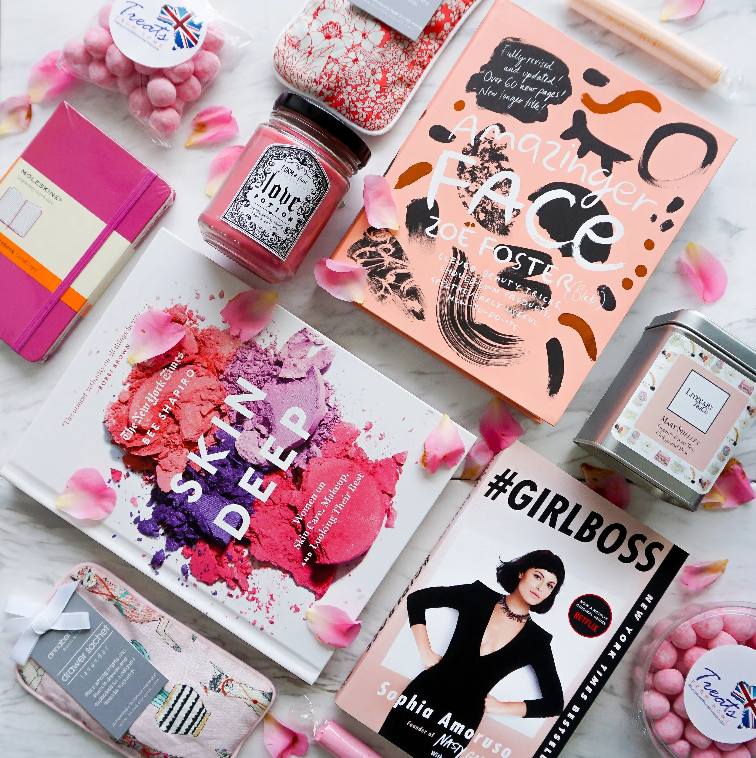 Books and gifts by Dymocks ; sweets by Treats From Home .