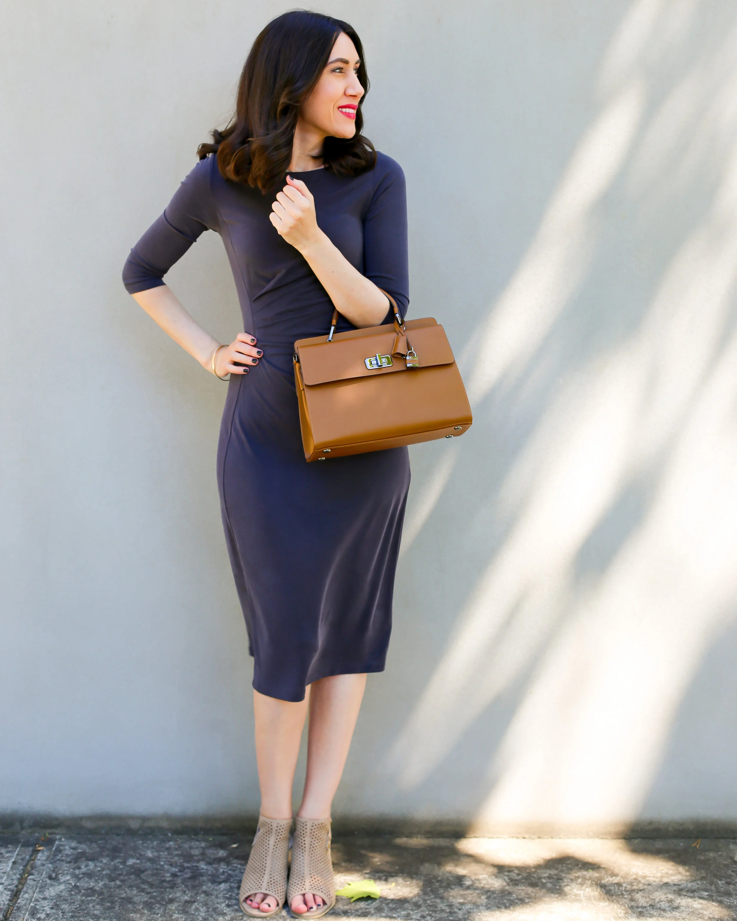 Lisa wears Saba Penelope Drape Dress , Mollini Shoes & Braun Buffel Bag .