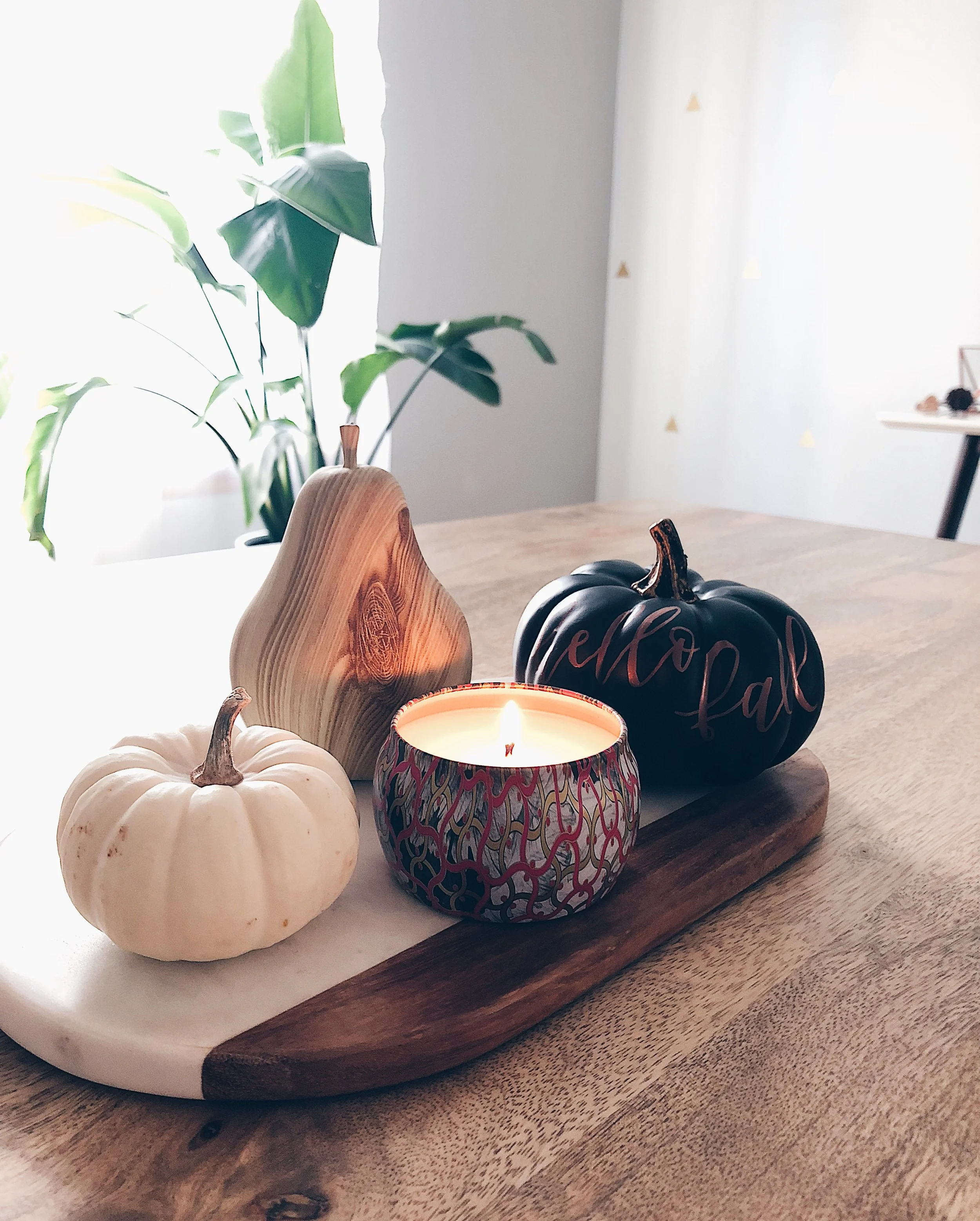 Sources: Marble Tray (Similar) / Voluspa Candle / Faux Wood Pear: Target / Black Faux Pumpkin: Target / White Pumpkin: Trader Joe's