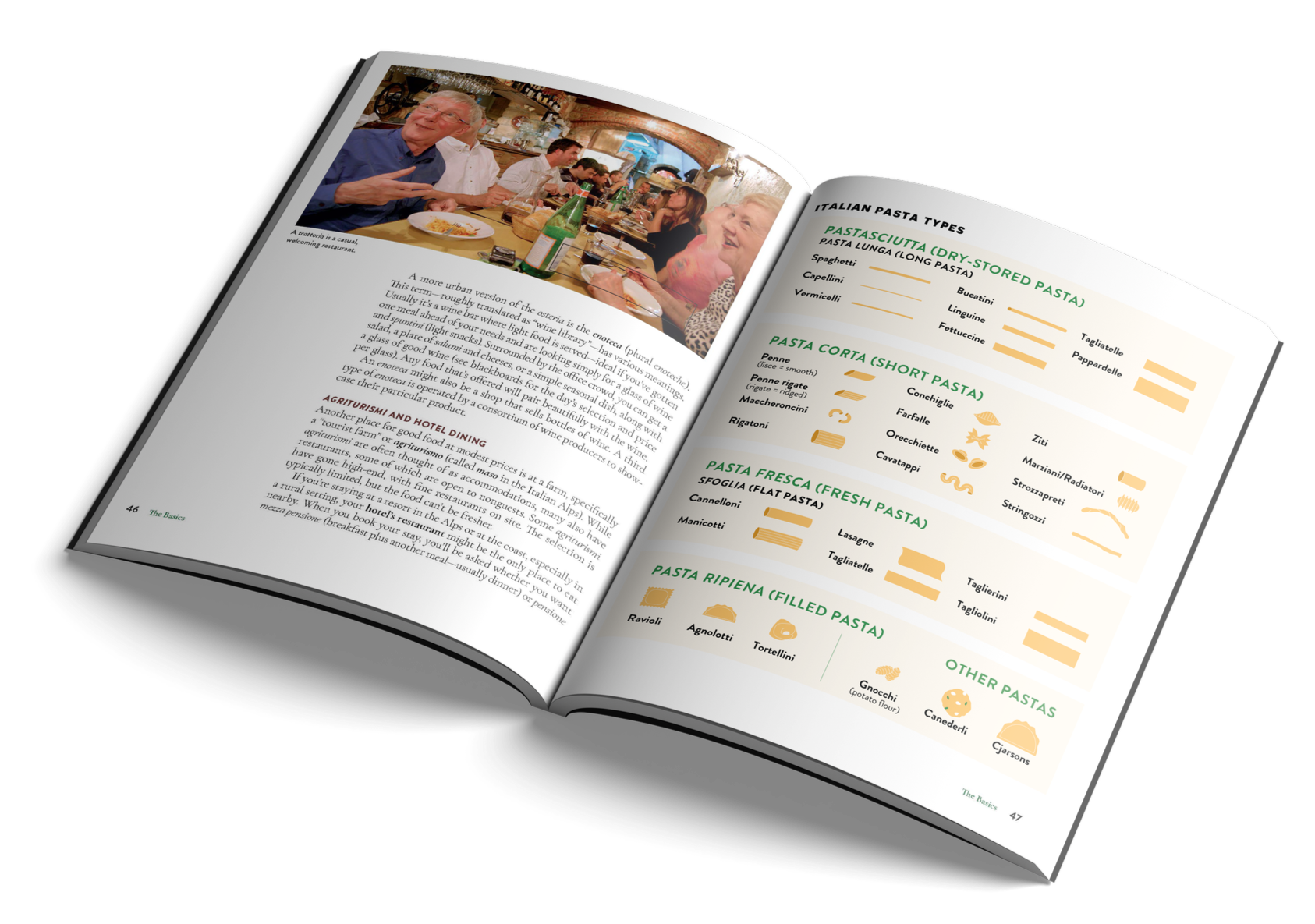 Open cookbook featuring a page with a color photo of people dining in a restaurant and a page with a list of Italian pasta types and illustrations of different pasta shapes.