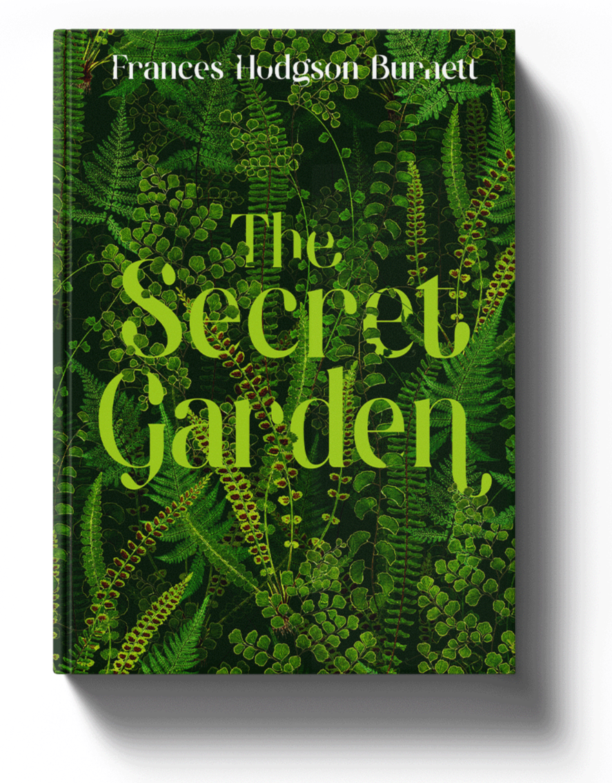 A hardcover book titled 'The Secret Garden' by Frances Hodgson Burnett, with a dark green cover featuring various types of lush green ferns and leaves.
