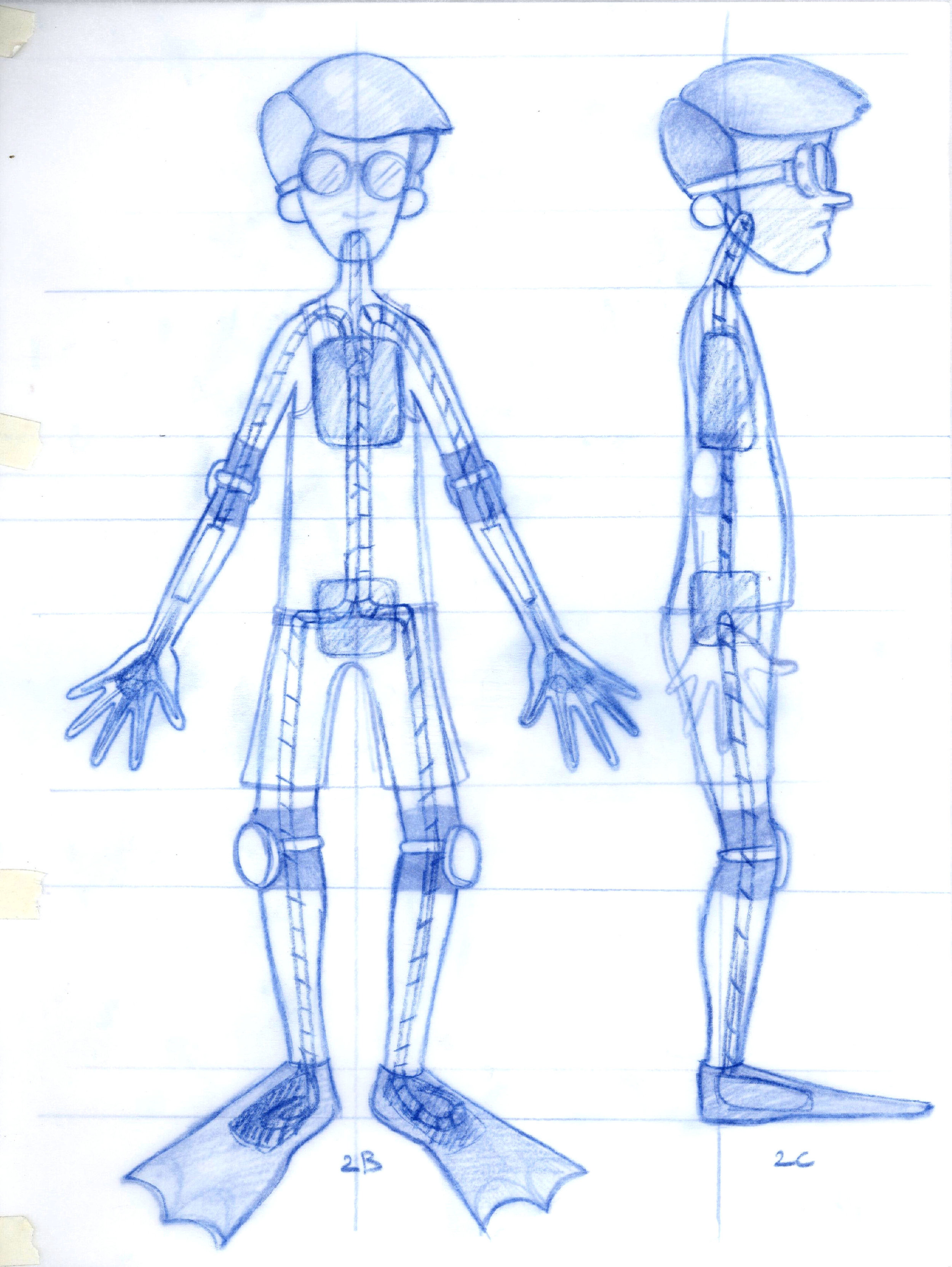  Diver character design and armature drawing. 