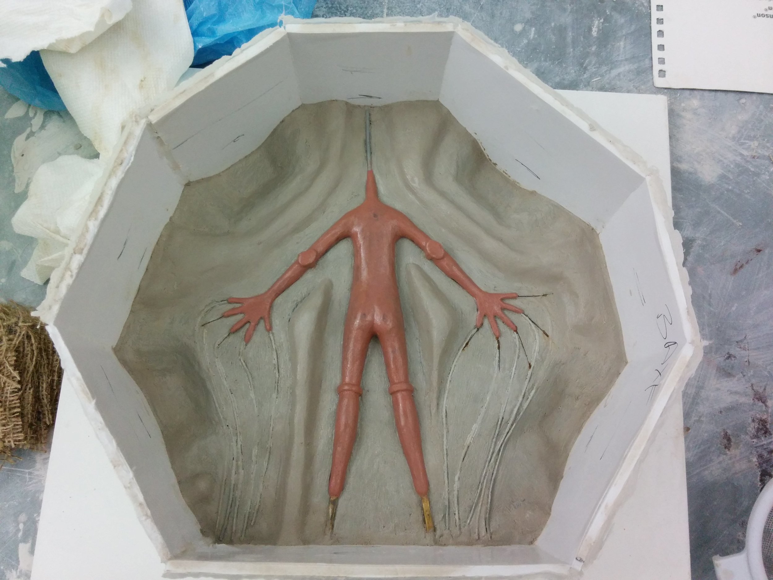  Body Plaster mold, prepped to pour the second half. Body sculpt done with Chavant clay.  