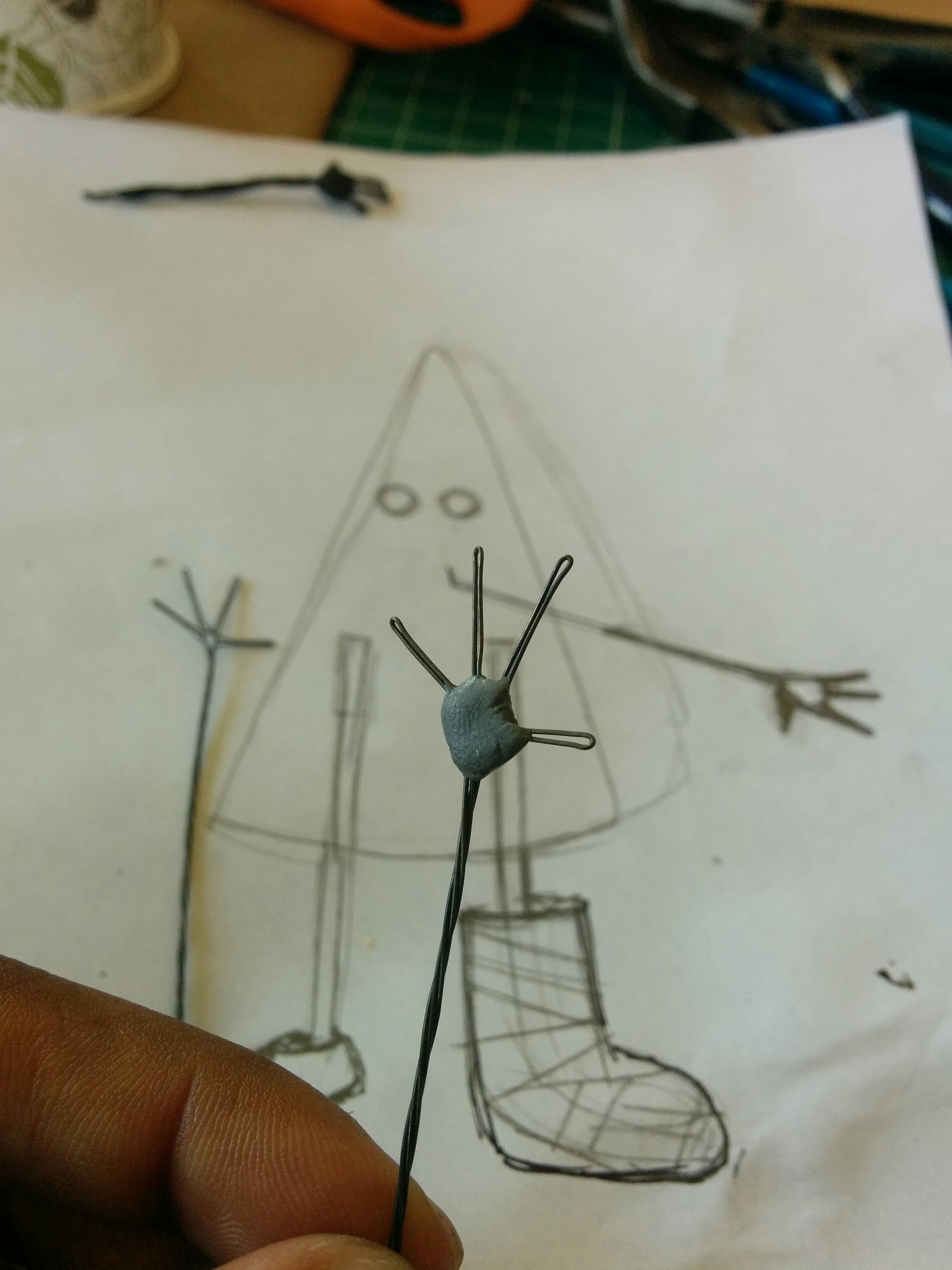 Stinky hand armature. 28 gauge annealed steel with wire with pro-poxy for the palm.