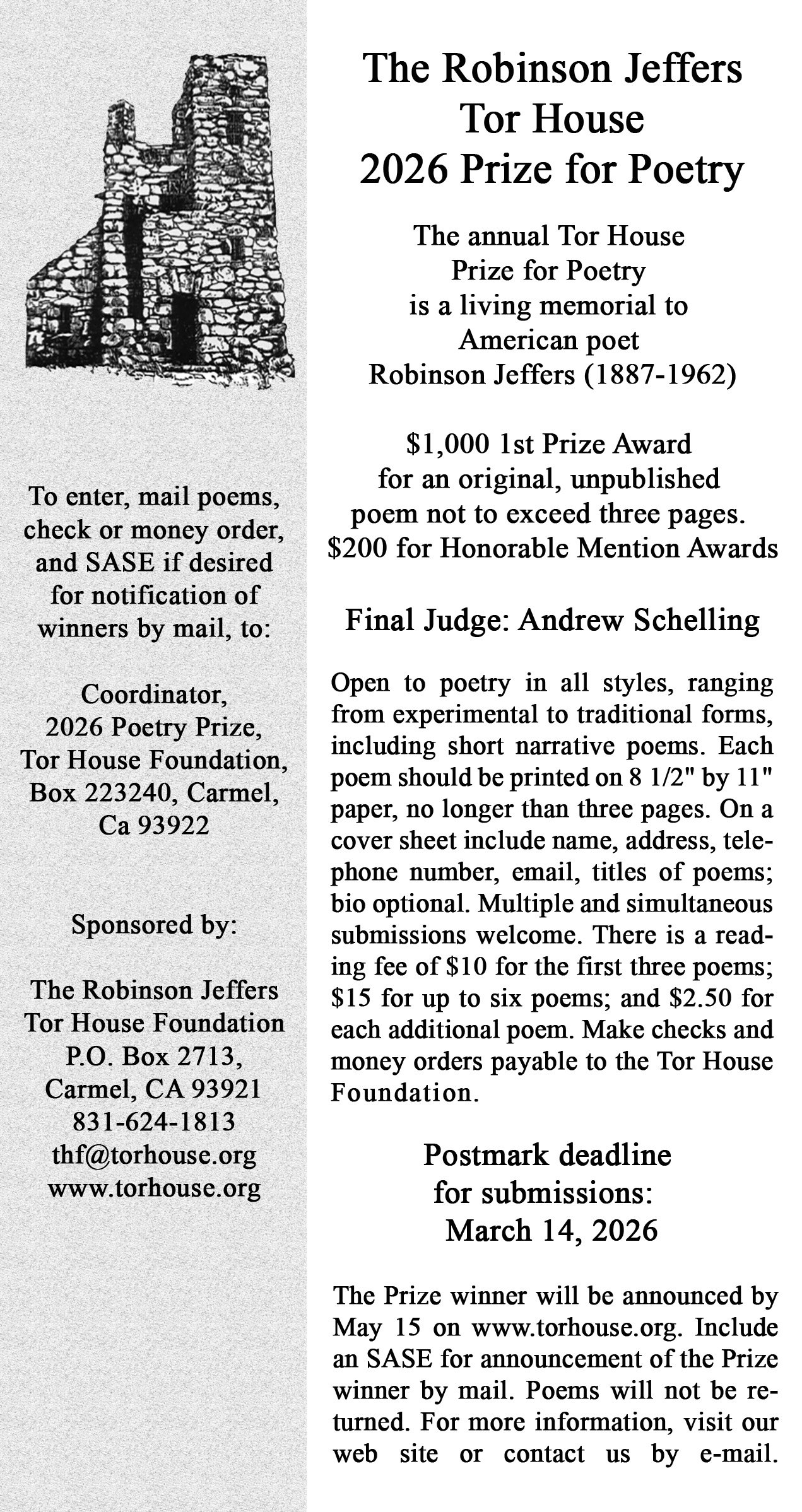 The Robinson Jeffers Tor House 2026 Prize for Poetry