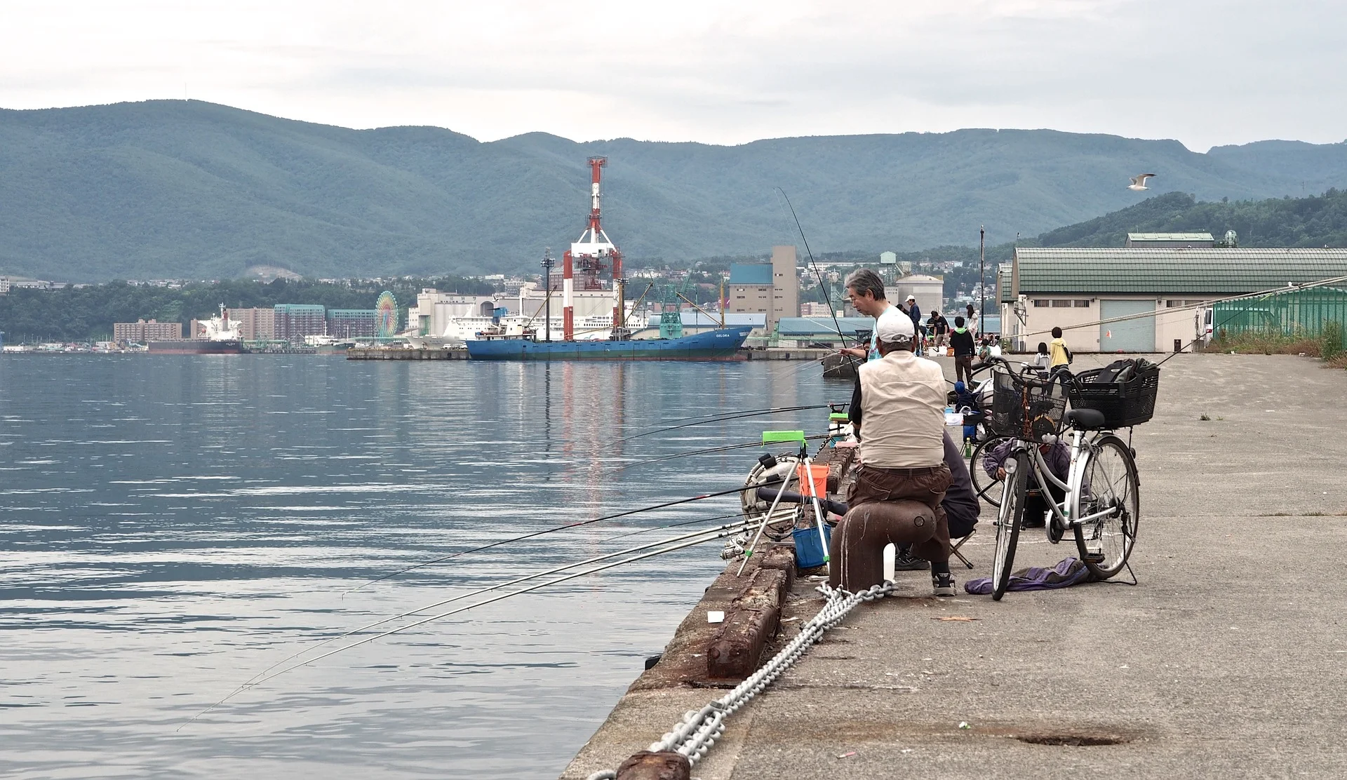 locals fishing at otaru pier, hokkaido