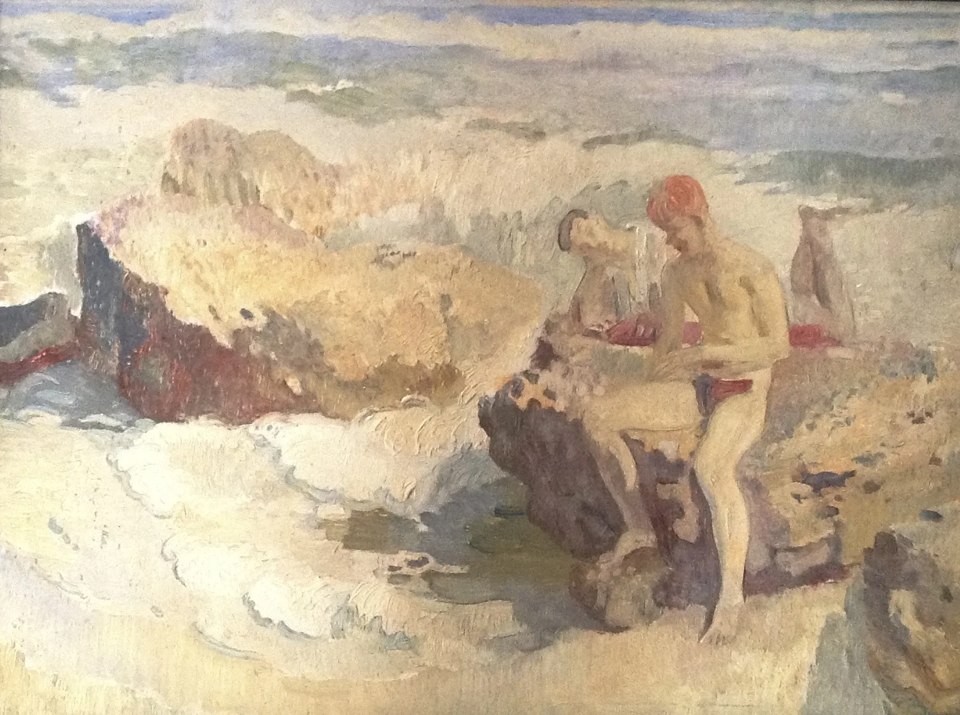 MURCH. Arthur. BOYS BY THE SEA. oil on board. 29.5x37cm.JPG