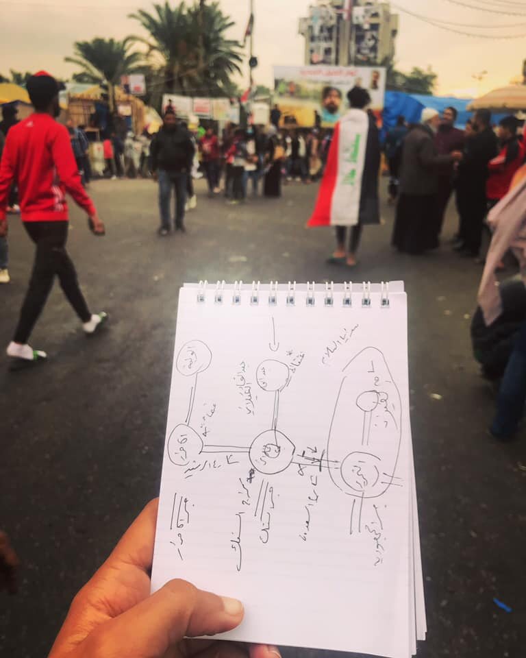  BAGHDAD | A map drawn by a protester who witnessed a deadly attack on demonstrators by unknown gunmen Friday night which killed 25 and wounded 130. Protesters largely blame Iran-backed militias. Because they relied on Saraya Salam, a militia control