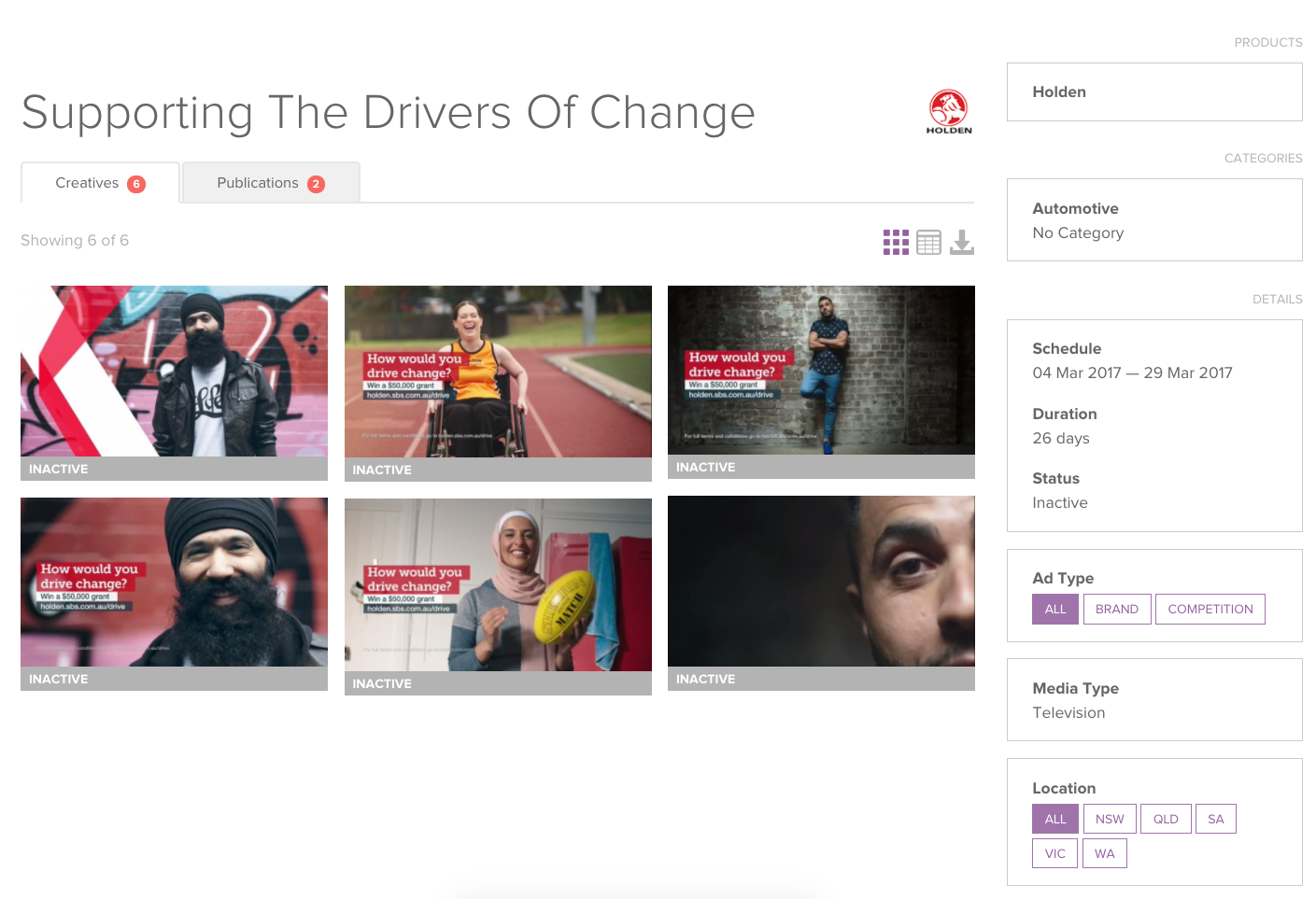Above: Holden's campaign 'Supporting The Drivers of Change' from BigDatr's Campaign Library dashboard. 