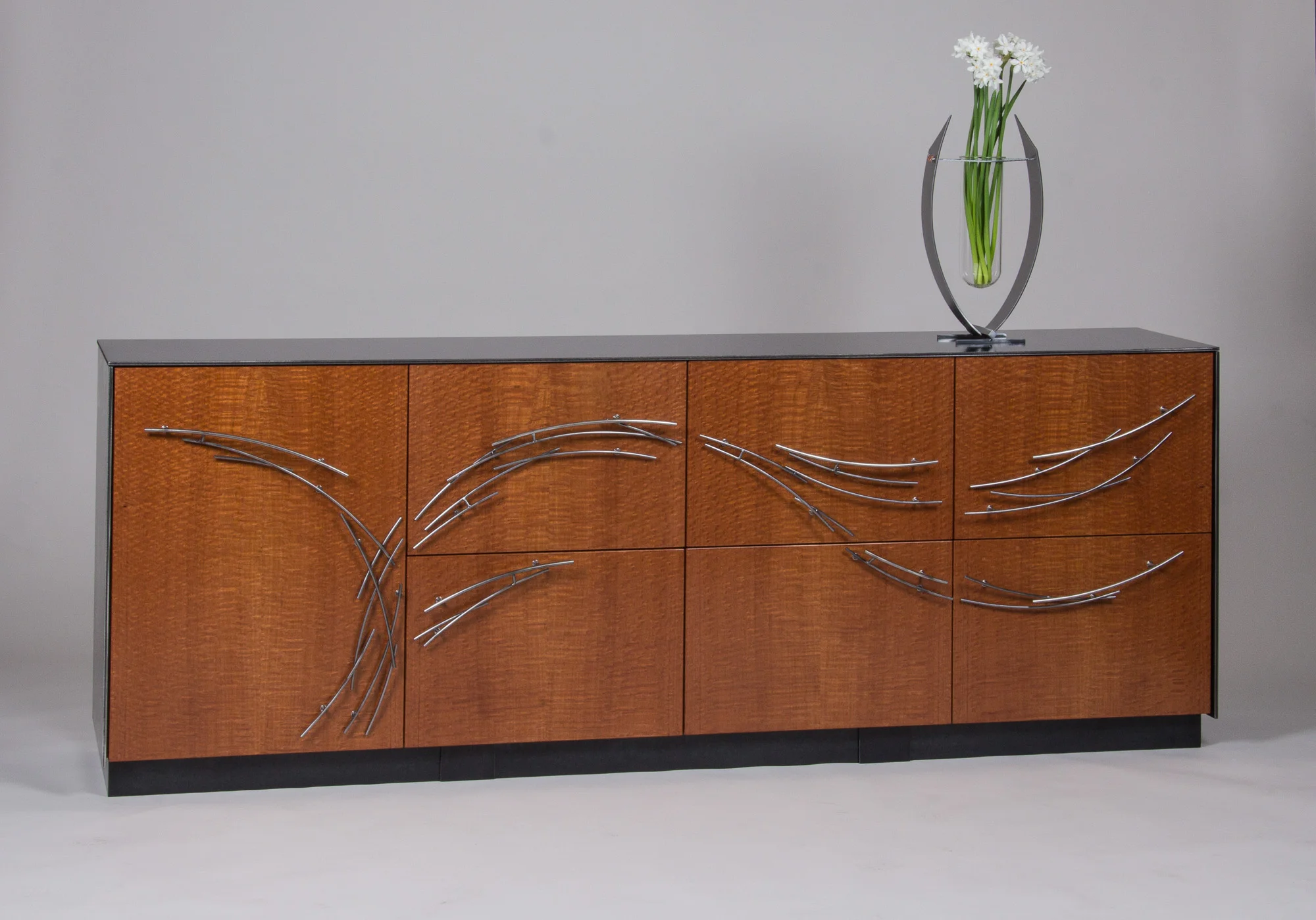 Office credenza with file storage; steel and cherry
