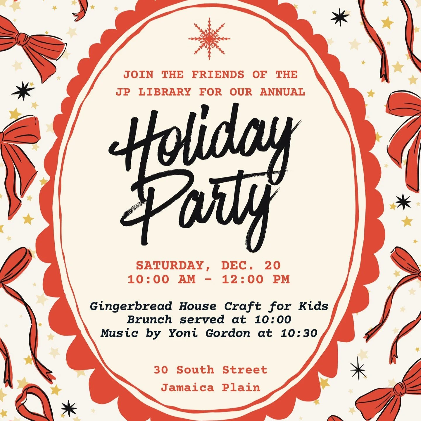Join the Friends of the @bpljamaicaplain for our annual Holiday Party! Take a break from shopping to eat brunch, listen to music by @yonigordoni and do some crafts! #jamaicaplainma