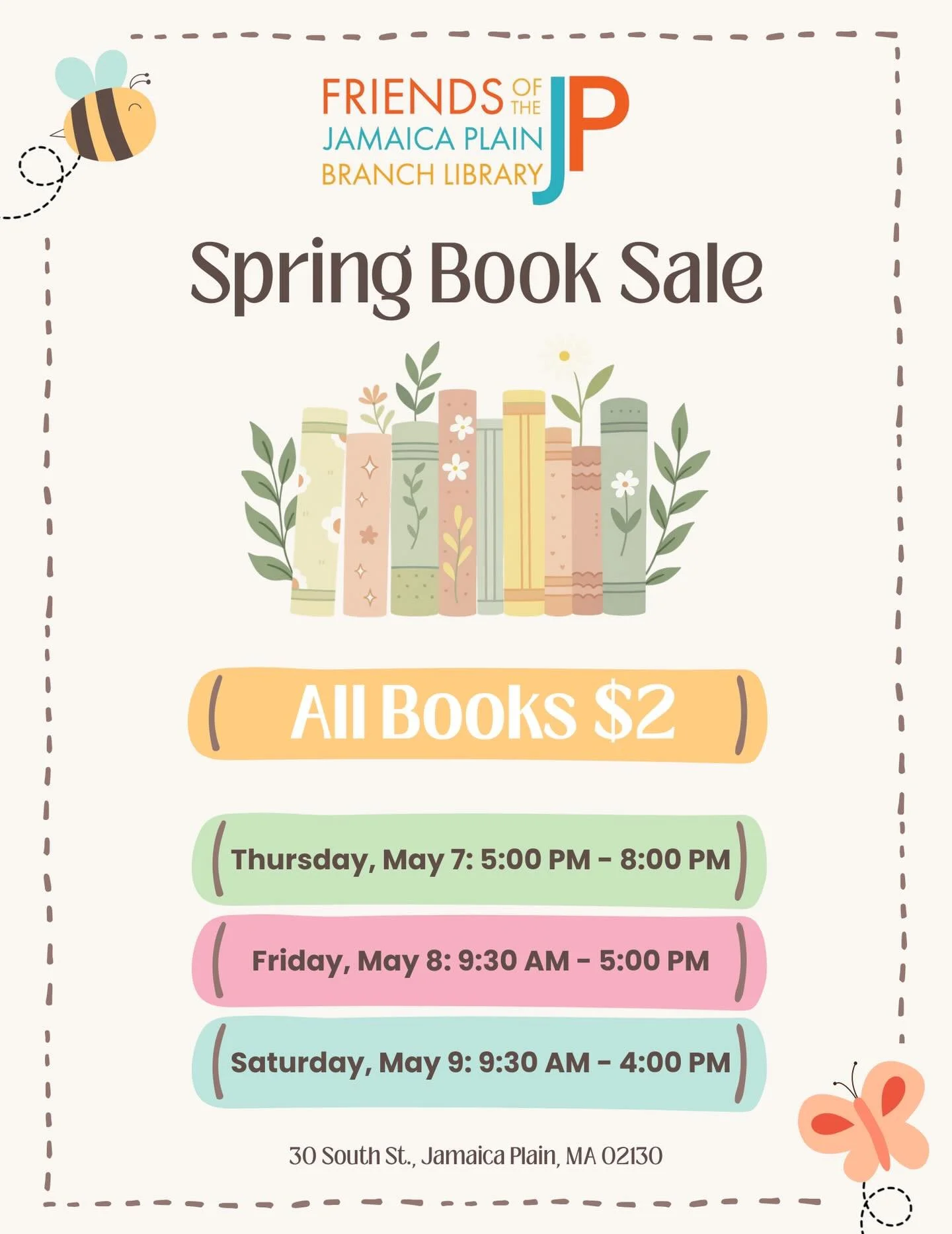 Mark your calendar for the Friends Spring Book Sale!

The book sale will be held Thursday, May 7 from 5:00 pm to 8:00 pm, Friday, May 8, from 9:30 am to 5:00 pm and on Saturday, May 9, from 9:30 am to 4:00 pm.

All books are $2. Cash and card are acc