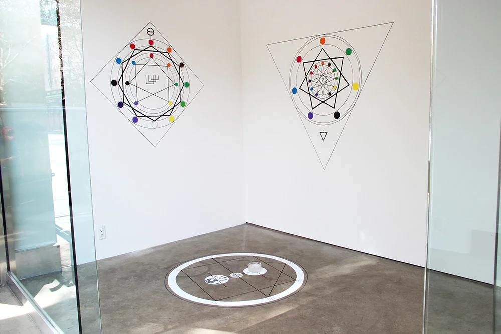 This and below: Jesse Bransford, detail of Aqua/Sal (For David Shaw) , 2013, Dimensions variable, Tempera paint on wall and floor, salt water in Prague crystal, Installation at Feature Inc. (Destroyed).