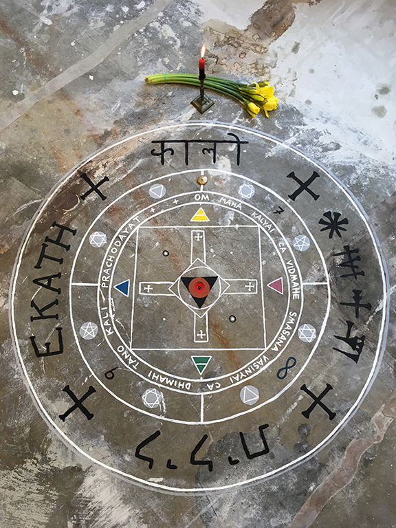 Jesse Bransford, Circle to the Four Corners (Kali, Hecate, Ishtar, Lilith) , 2016, Dimensions variable, Tempera paint on floor, installation for Spring Break 2017 (Destroyed).