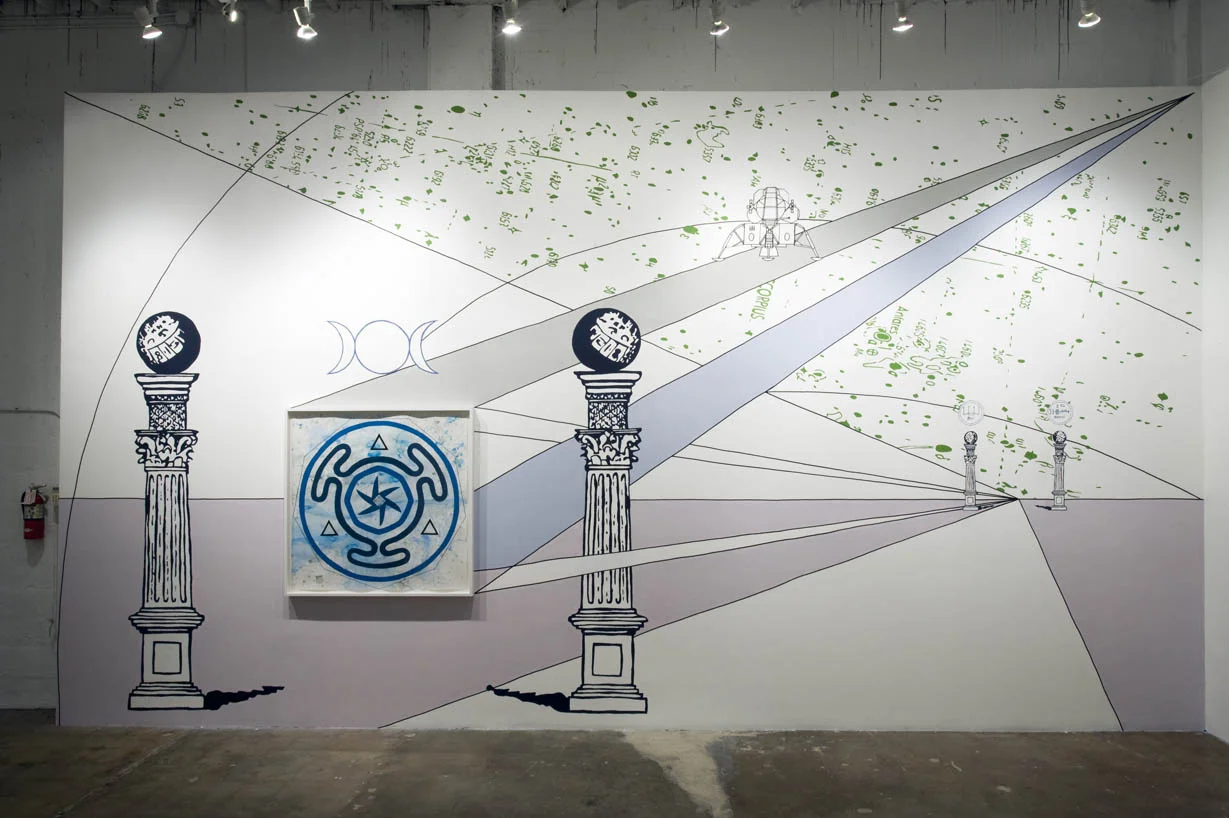 Jesse Bransford, Installation of Untitled with Ἑκάτη (The Stars are Our Destination), 2009, 48x48", Acrylic, ink, watercolor and graphite on paper, Latex and graphite on wall.
