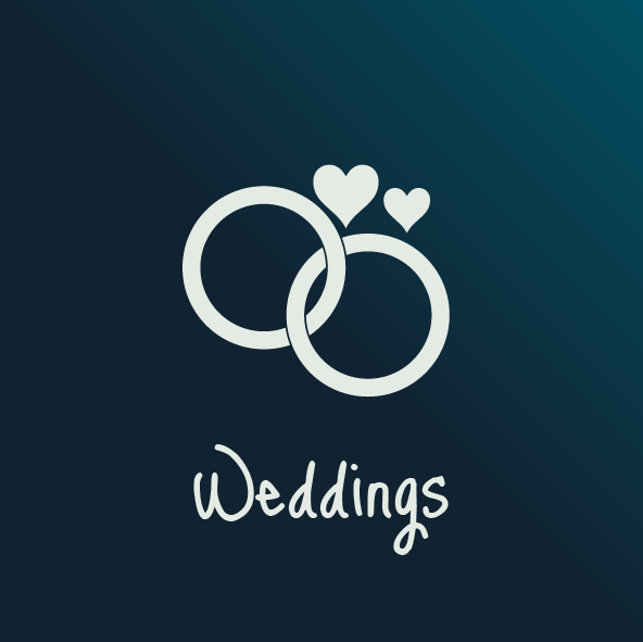 Icon of two wedding rings with two hearts above them and the word "Weddings" below on a dark gradient background.