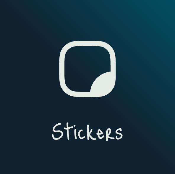 A dark teal background with a white icon of a sticker and the word 'Stickers' written below in white.