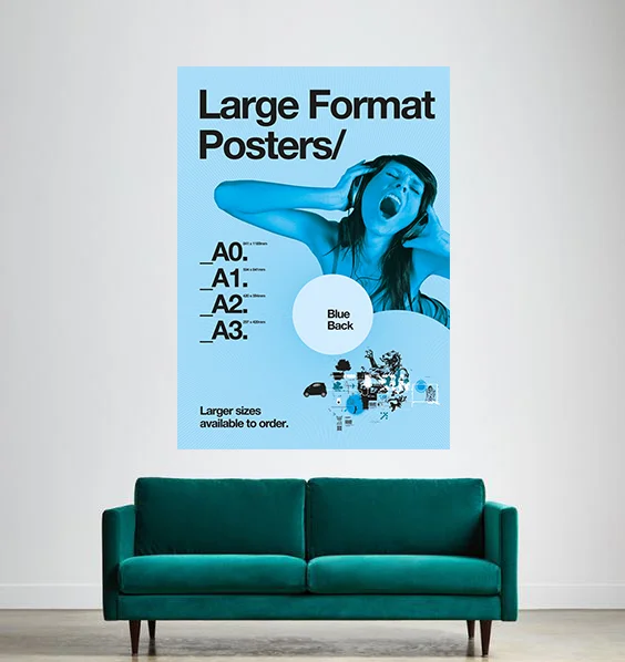 Large poster advertising large format posters, featuring a woman with headphones and an expression of surprise or shouting, with blue back color and additional information about sizes.