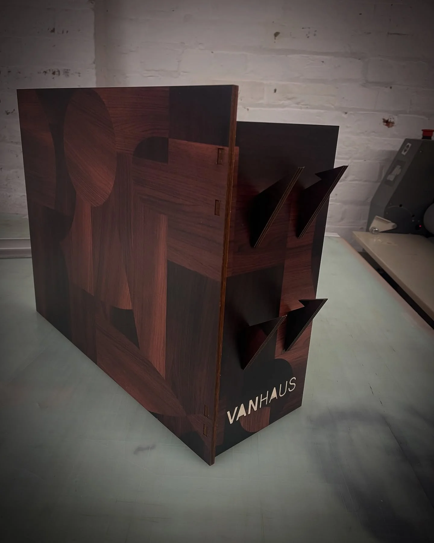 Japanese rosewood self adhesive vinyl mounted to 6mm ply and laser cut - experimental