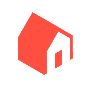 A red and black house icon with a simplified roof and door design.